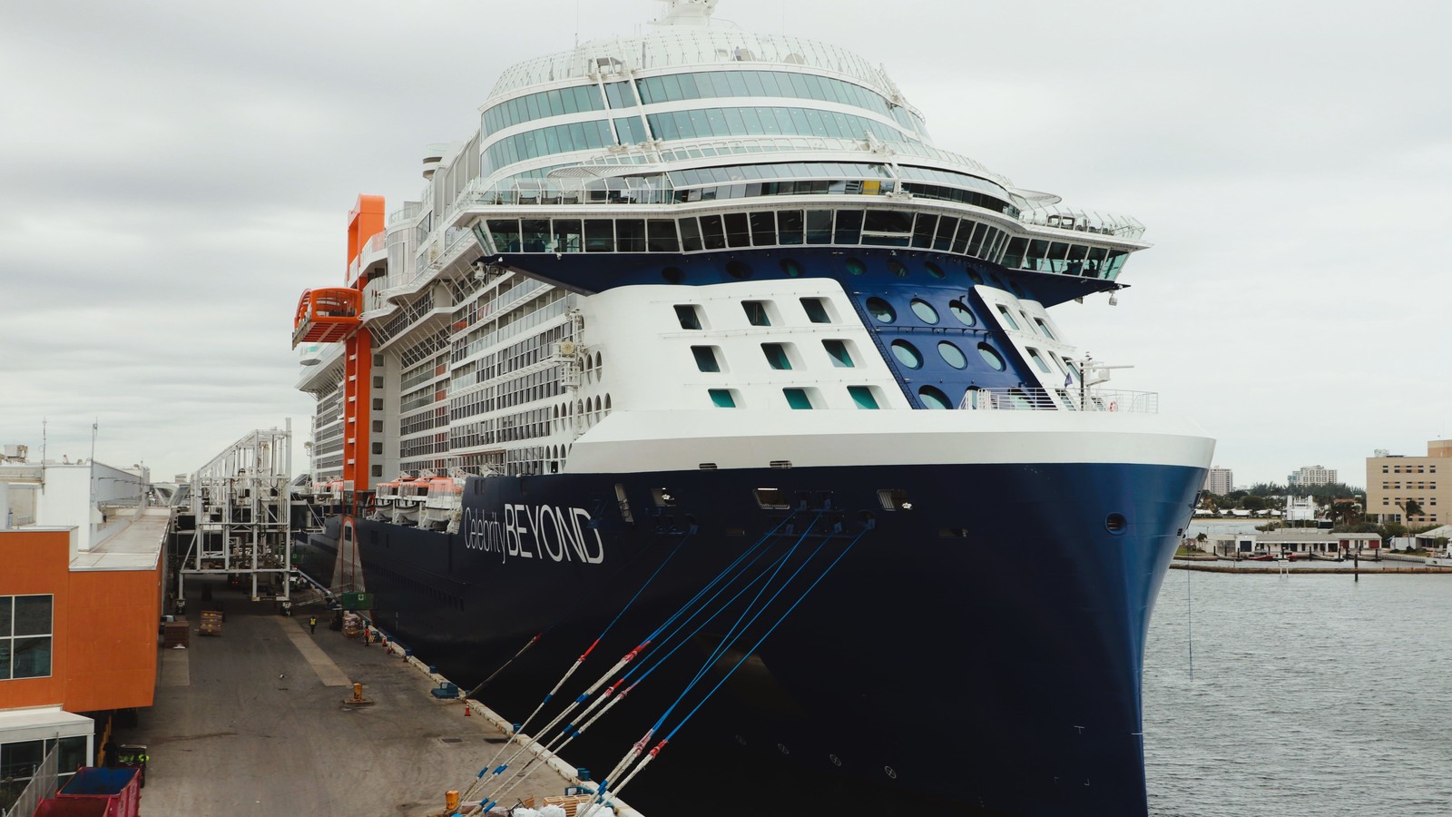 Celebrity Beyond cruise ship exterior bow and hull lettering at Port Everglades