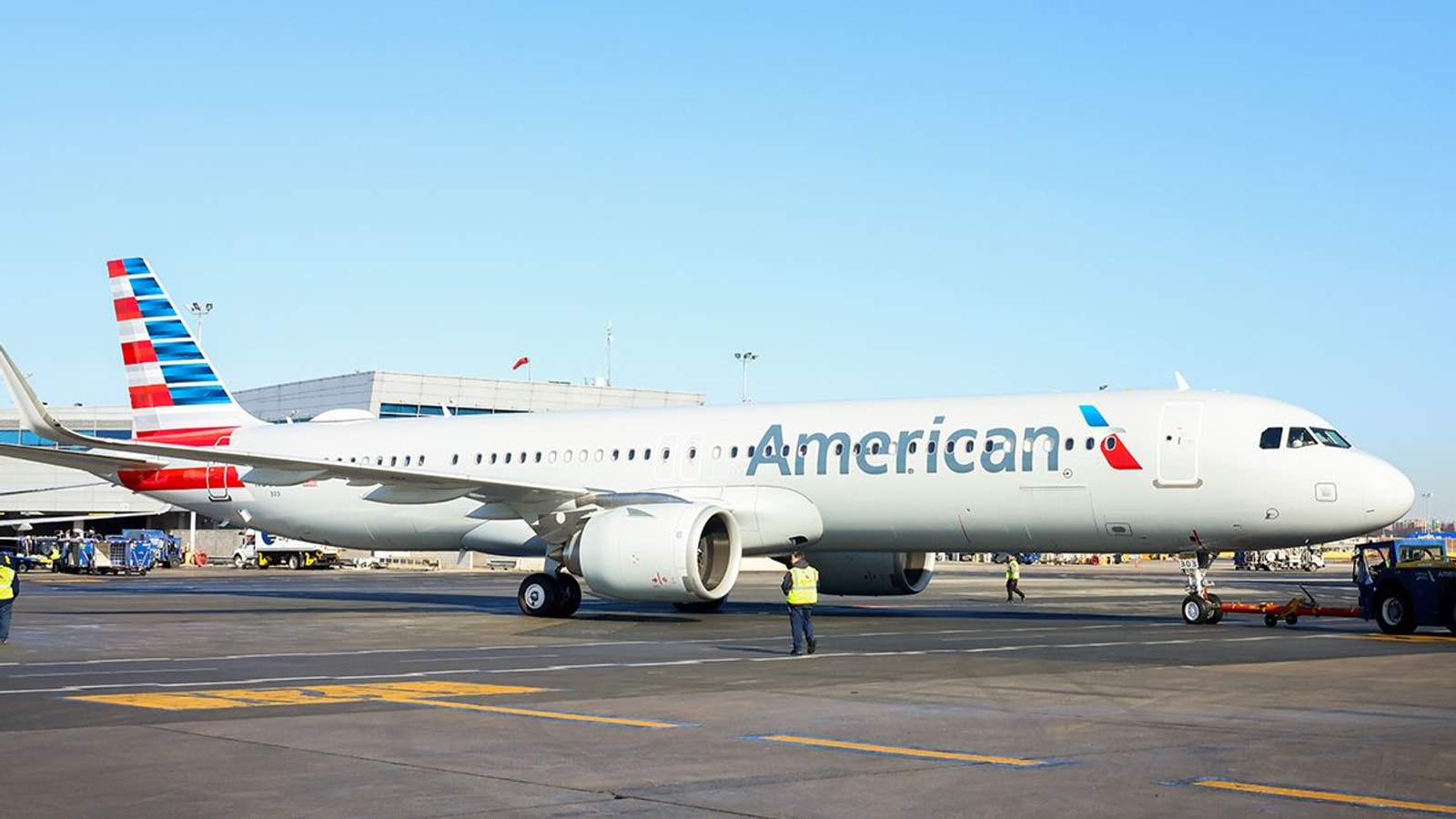 American Airlines Airbus A321XLR in profile on an airport taxiway