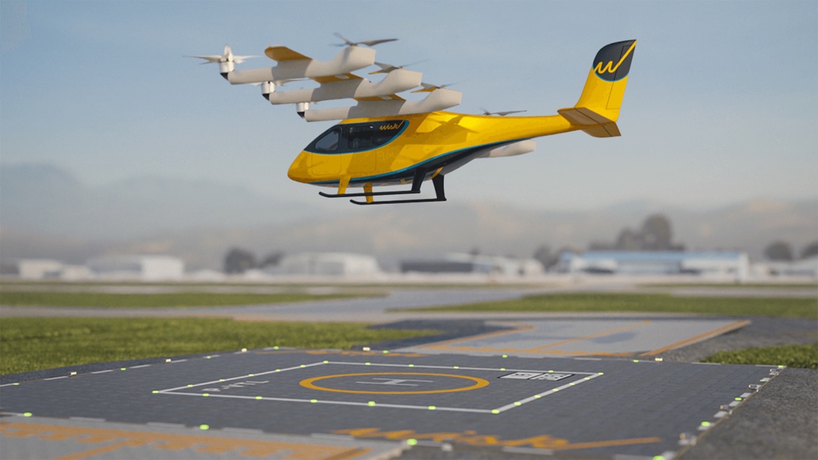 Rendering of Wisk aircraft and a small vertiport at Hollister Municipal Airport