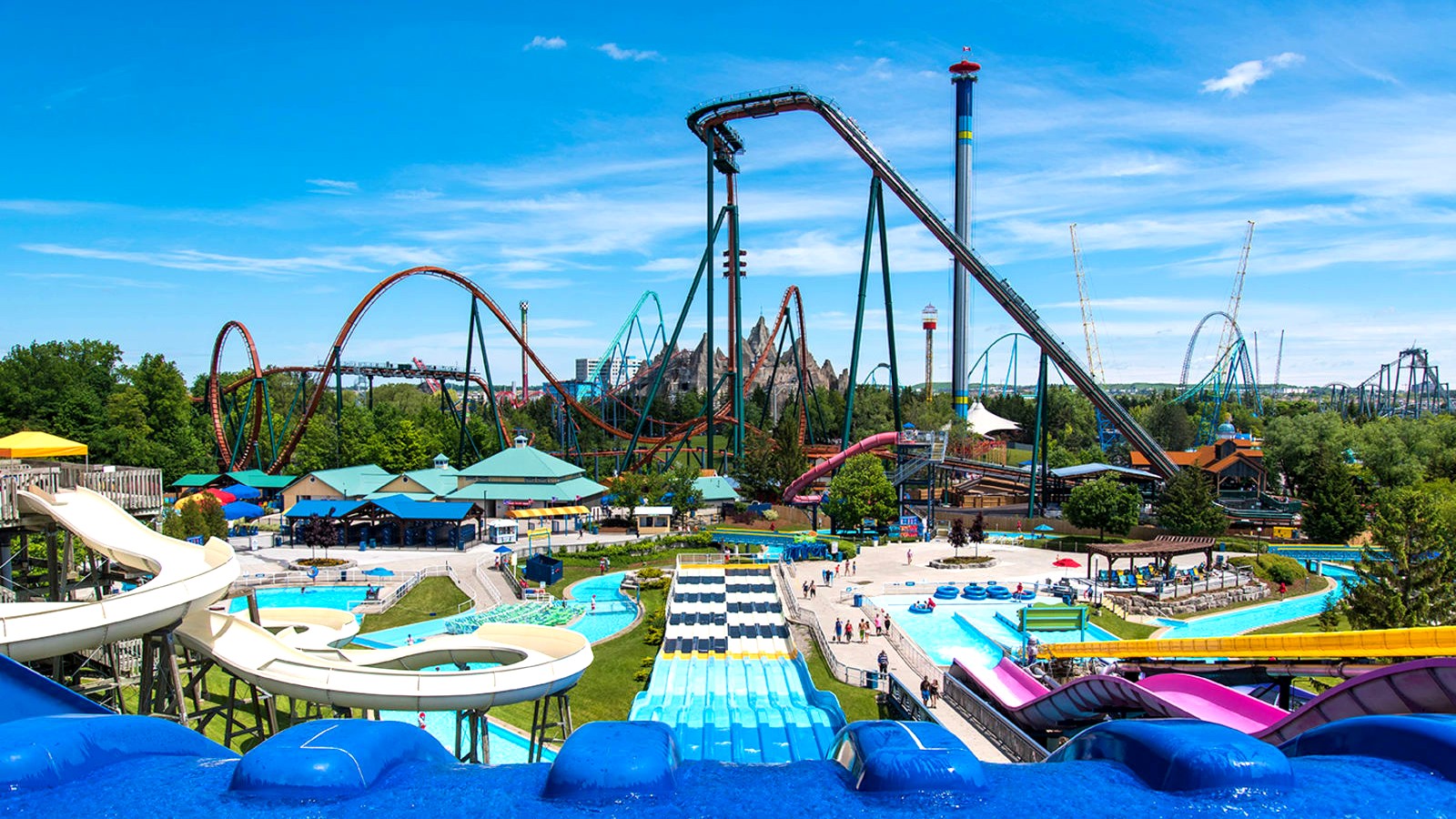 Bright daytime view of Splash Works water attractions at Canadas Wonderland in Vaughan, Ontario