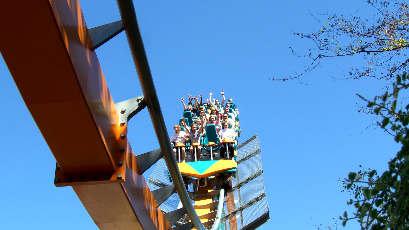 Goliath hyper coaster lift and track at Six Flags Over Georgia on a clear day