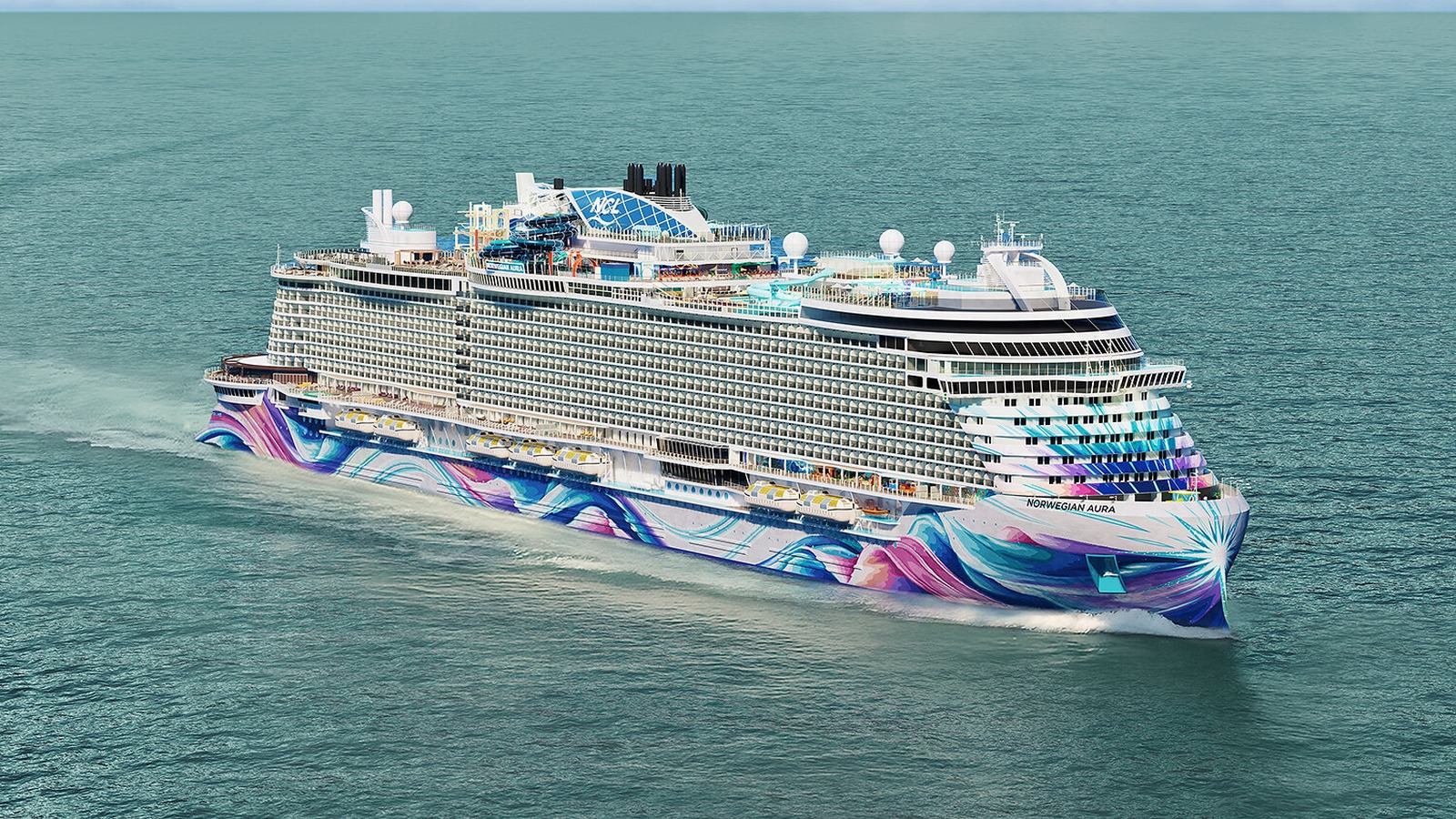 Rendering of Norwegian Aura sailing at sea with its colorful hull art visible