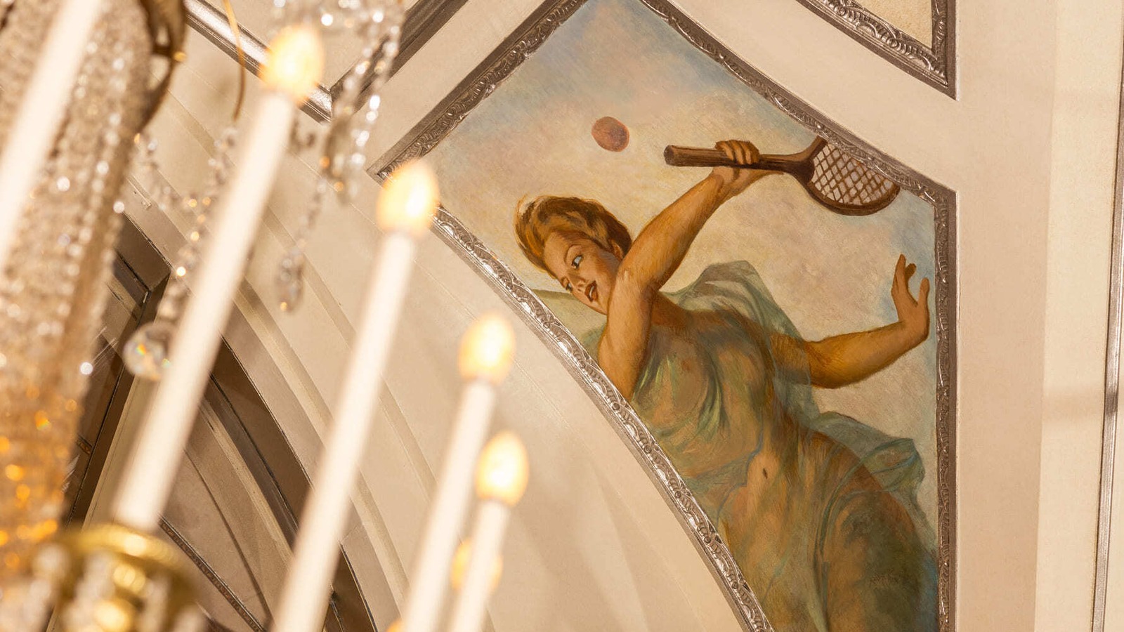 Grand Ballroom chandelier and tennis ceiling fresco at Waldorf Astoria New York