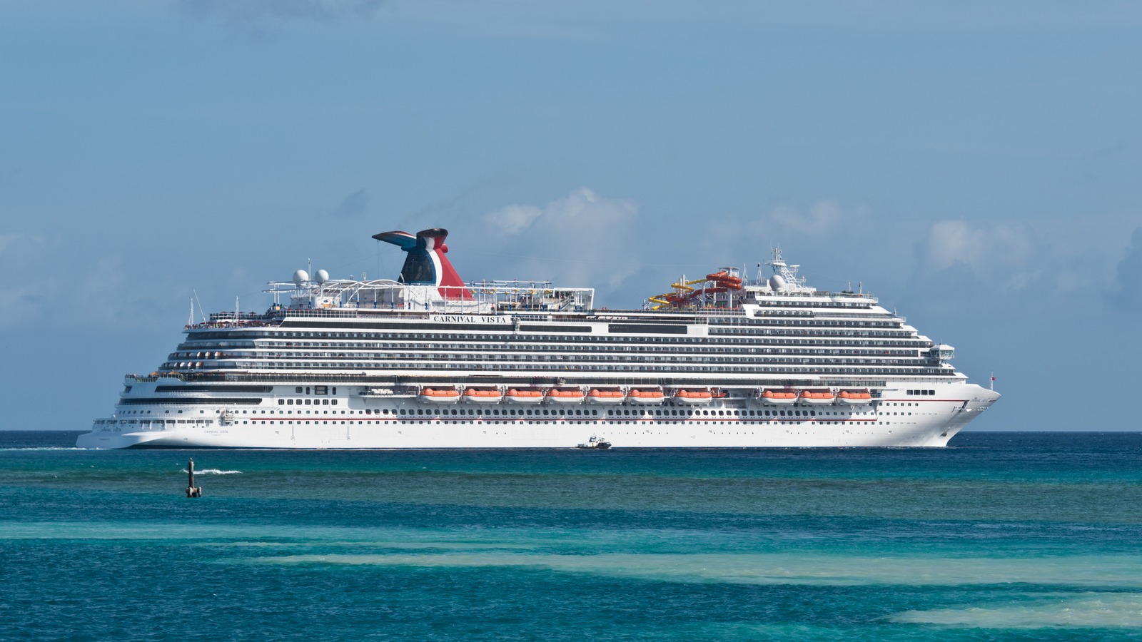 Carnival Vista cruise ship underway off Oranjestad, Aruba