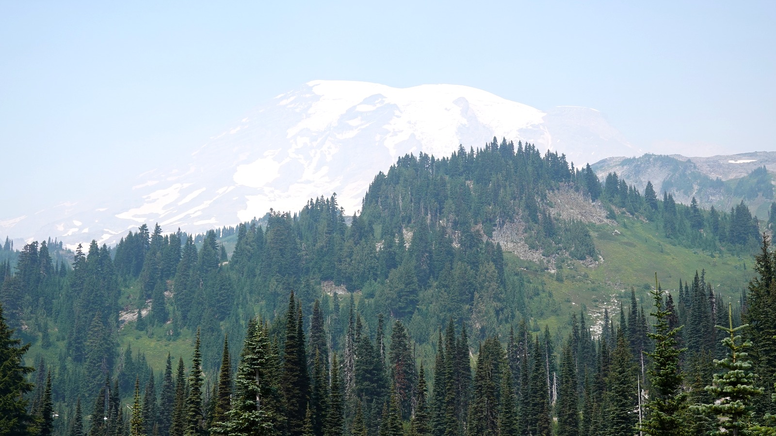 Hazy wildfire smoke conditions over forested slopes and Mount Rainier from Paradise Valley Road
