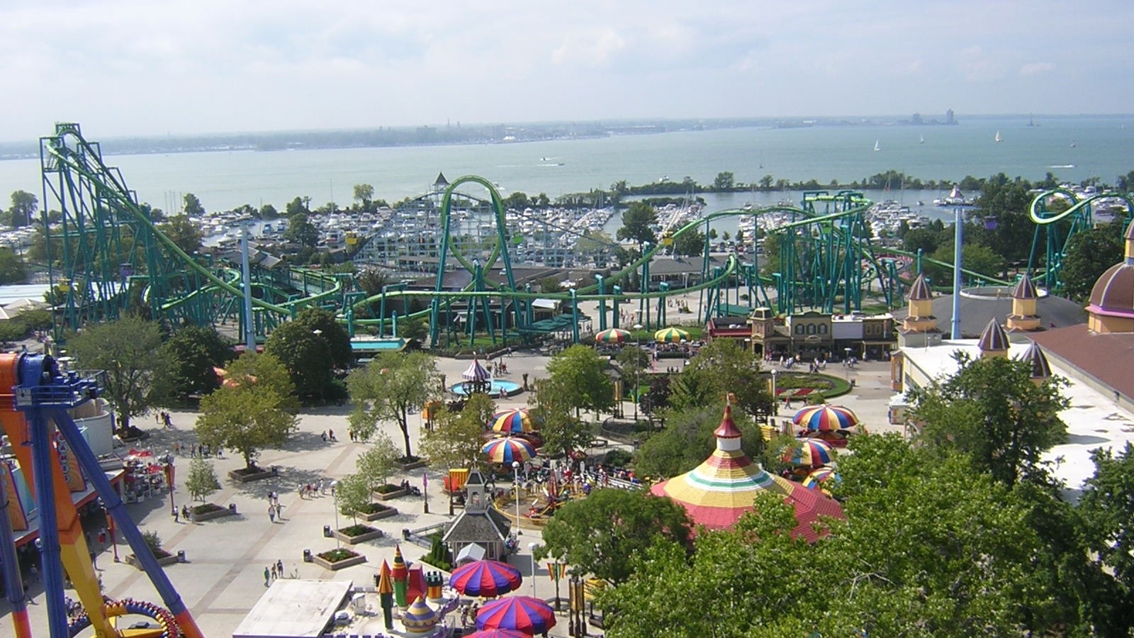 Aerial view of Cedar Point Midway and coaster skyline toward Lake Erie