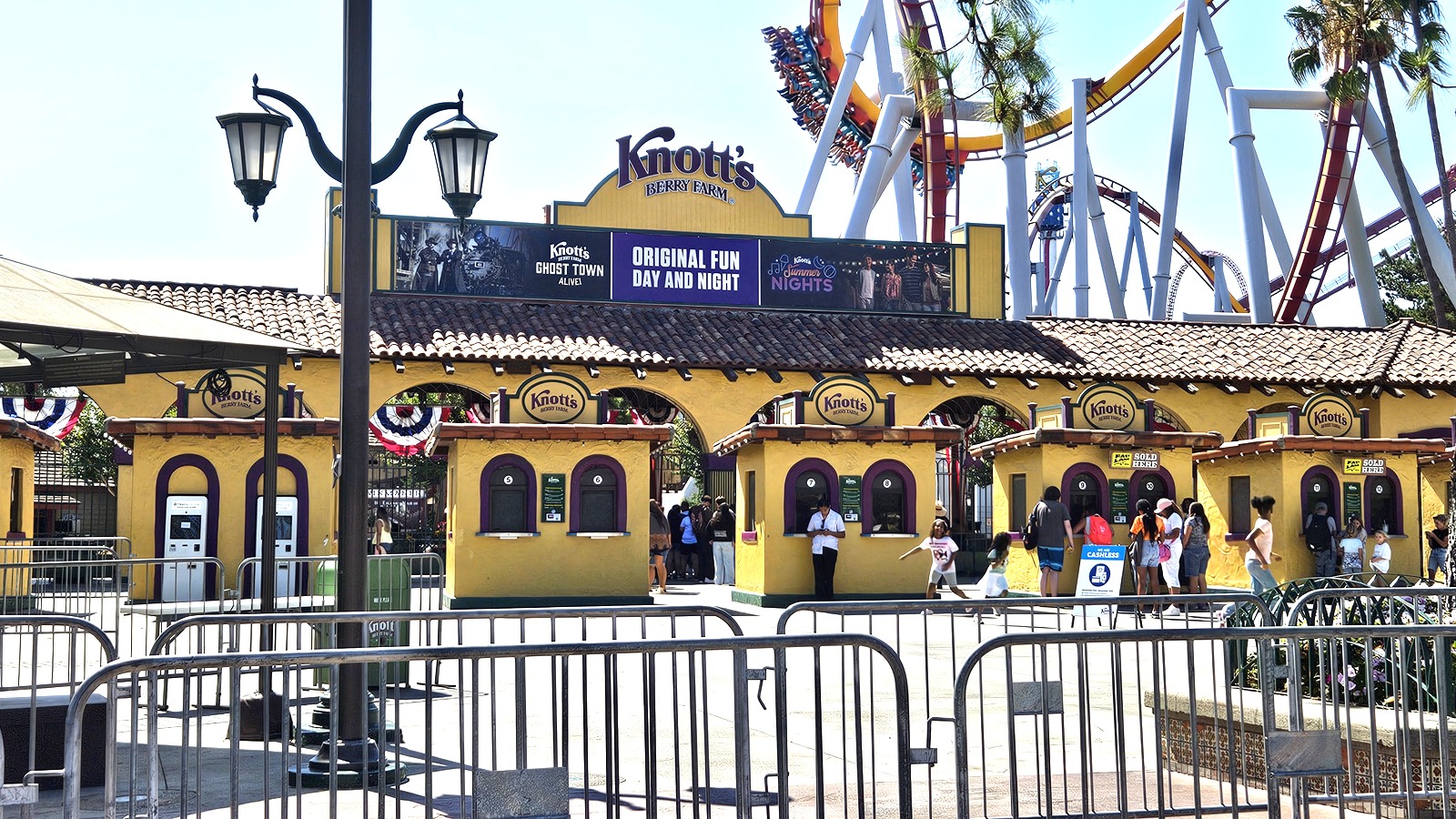 Daytime view of Knotts Berry Farm rides and park grounds in Buena Park