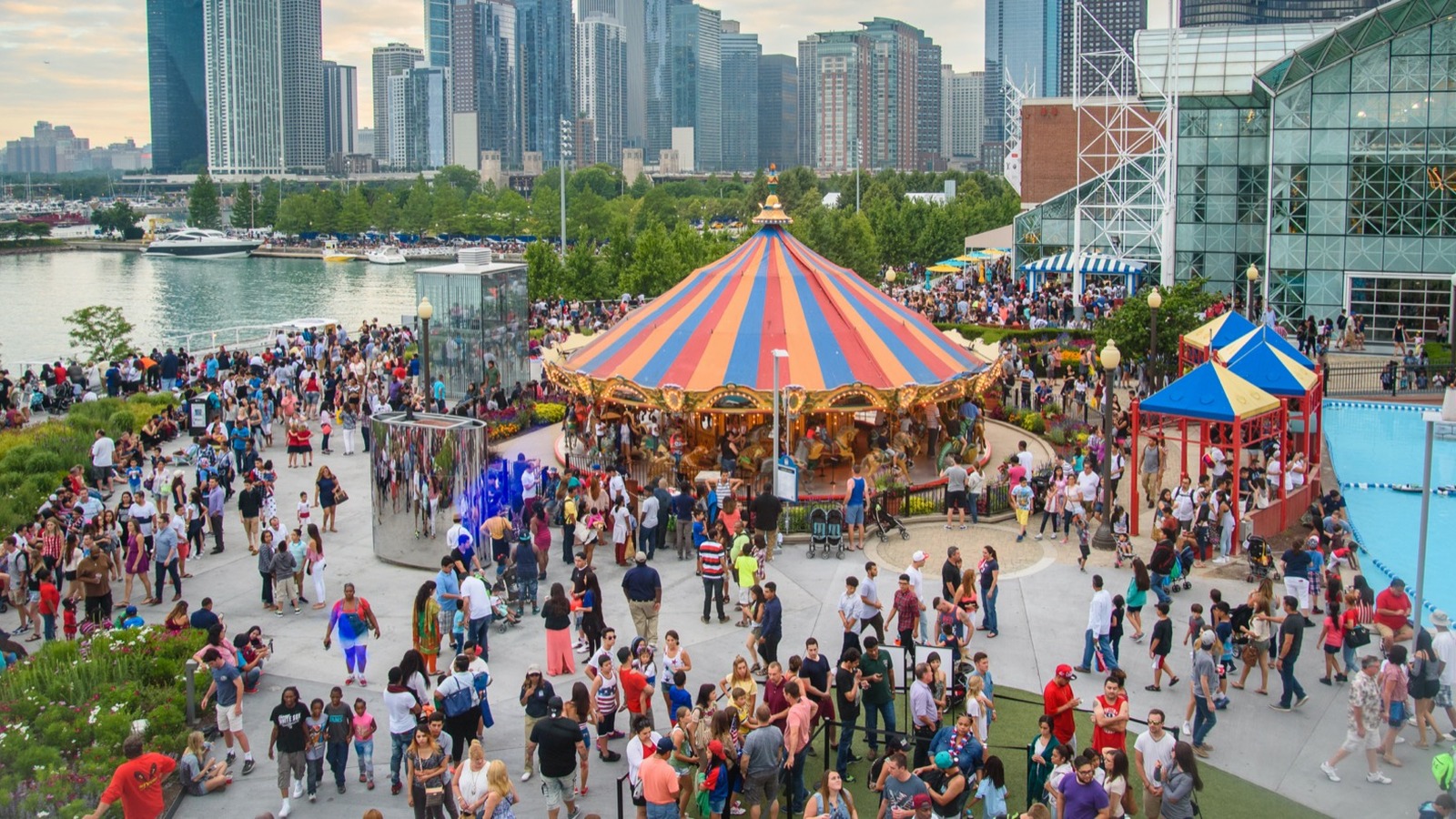 Daytime view of Navy Pier extending into Lake Michigan in Chicago