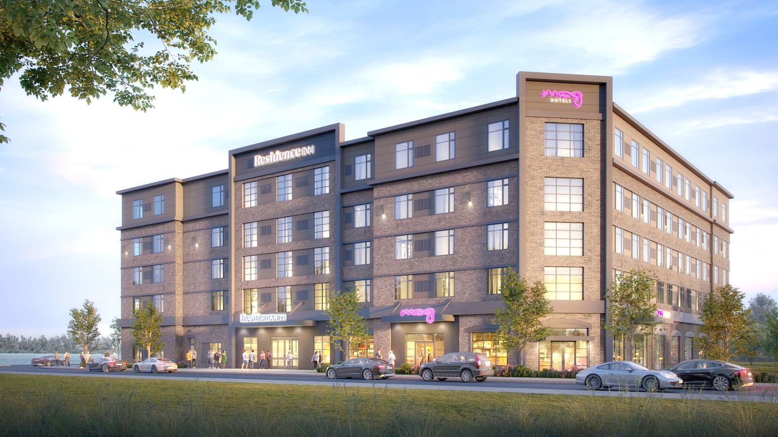 Exterior of dual-brand Residence Inn and Moxy hotel at Thompsons Point in Portland Maine