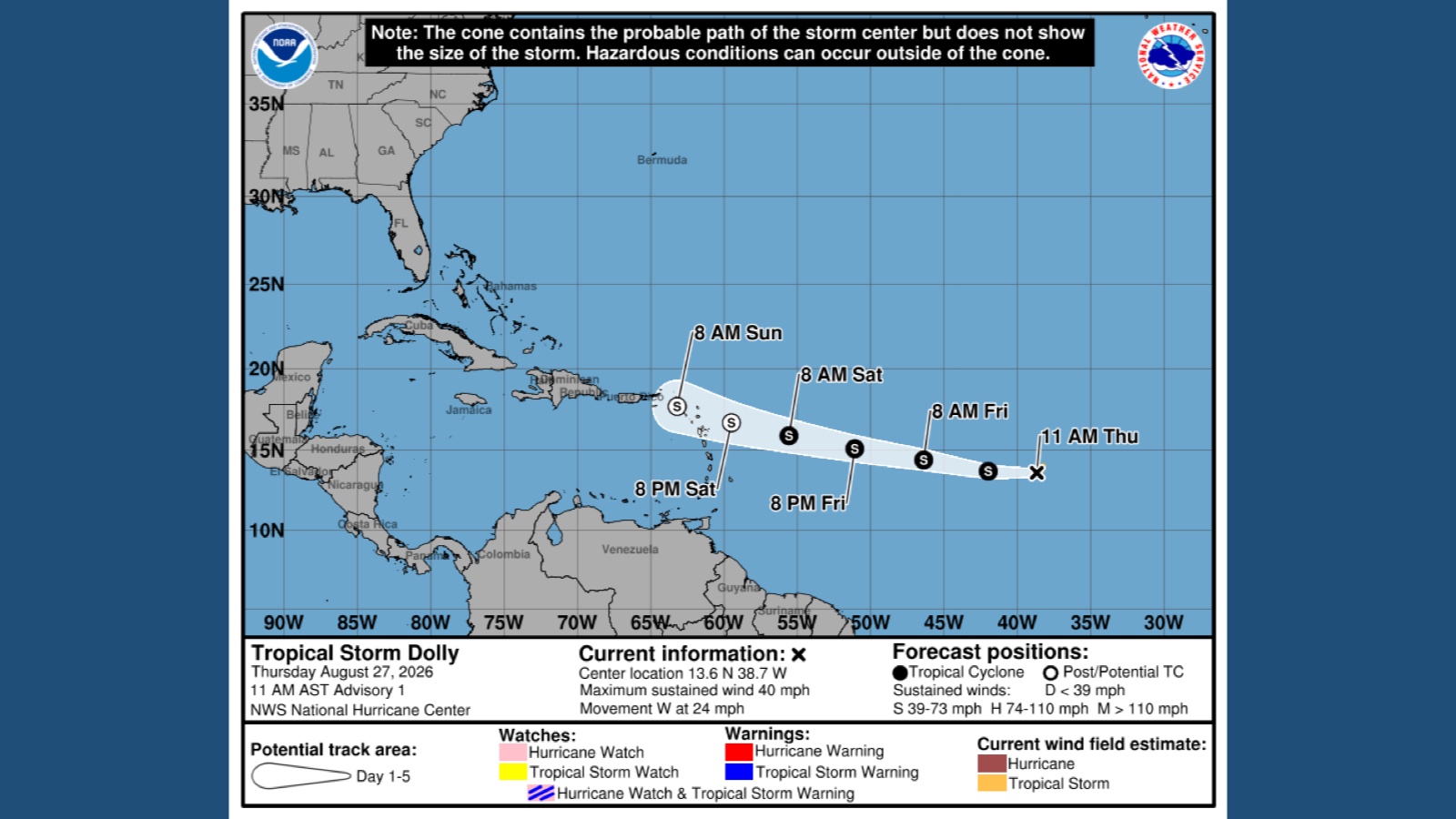 National Hurricane Center forecast cone for Tropical Storm Dolly approaching the Caribbean