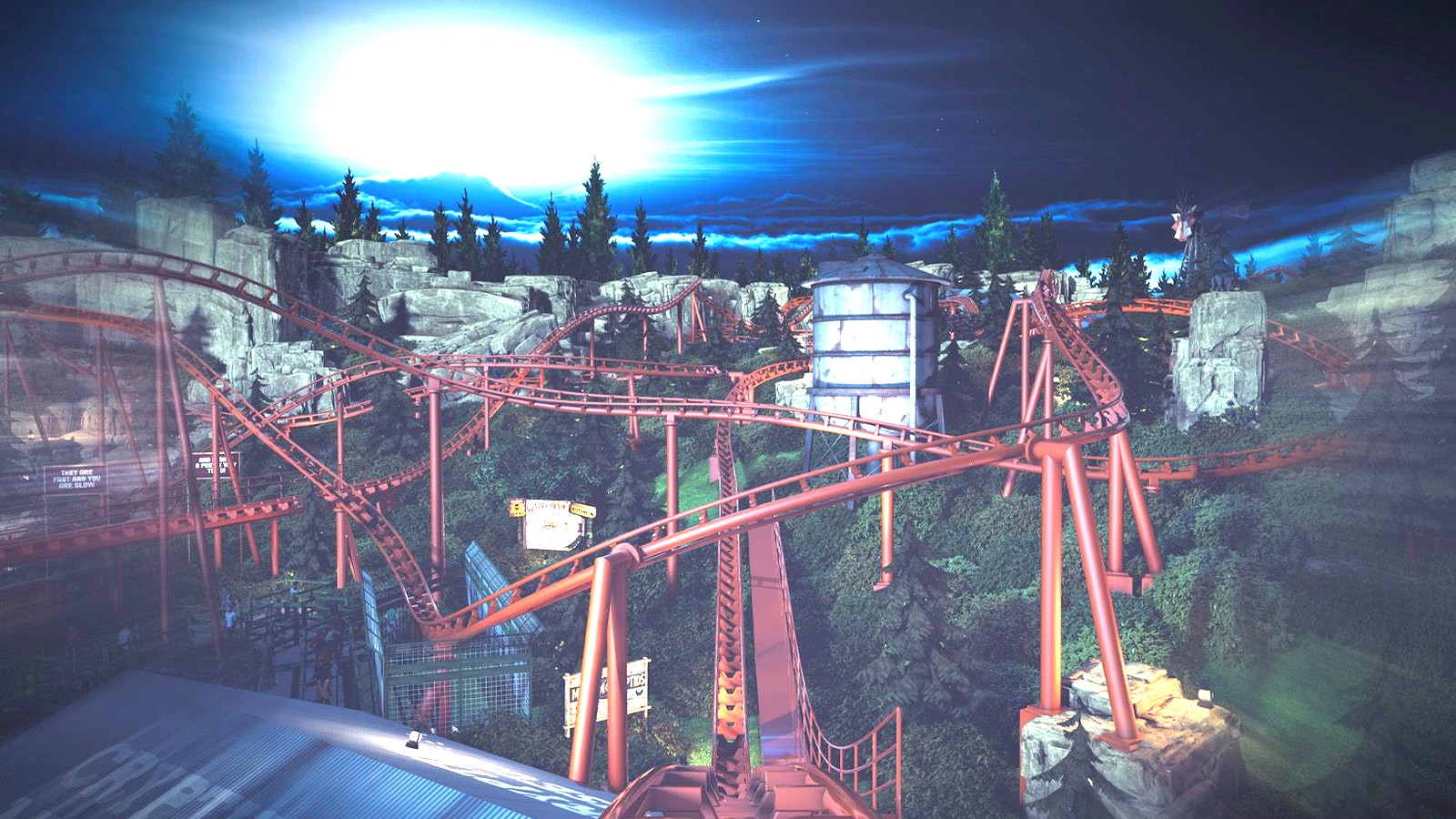 Official concept render of Werewolf Gorge multi-launch family coaster layout at Six Flags Fiesta Texas