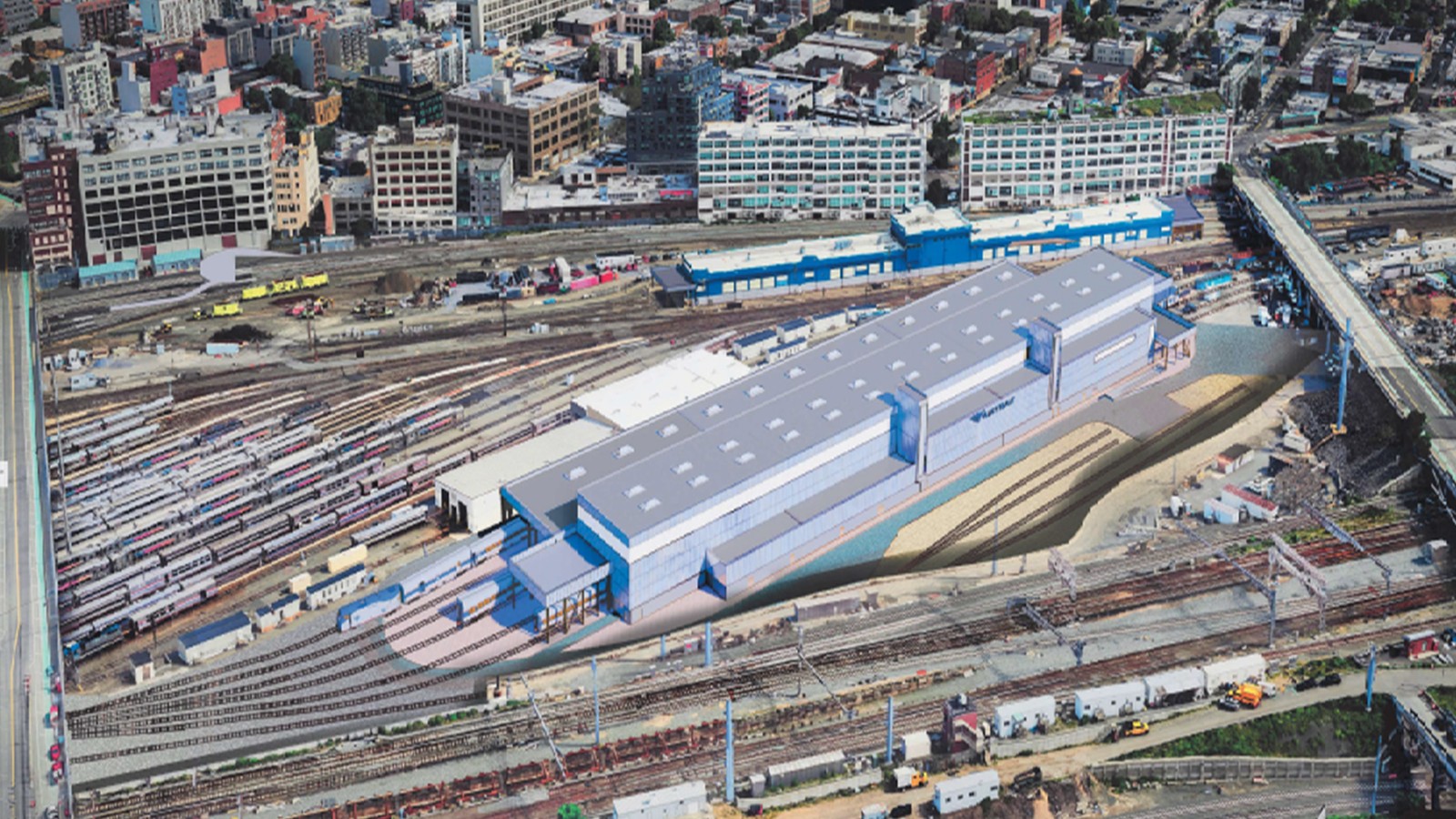 Artist rendering of Amtrak's planned Sunnyside Yard maintenance facility in Queens