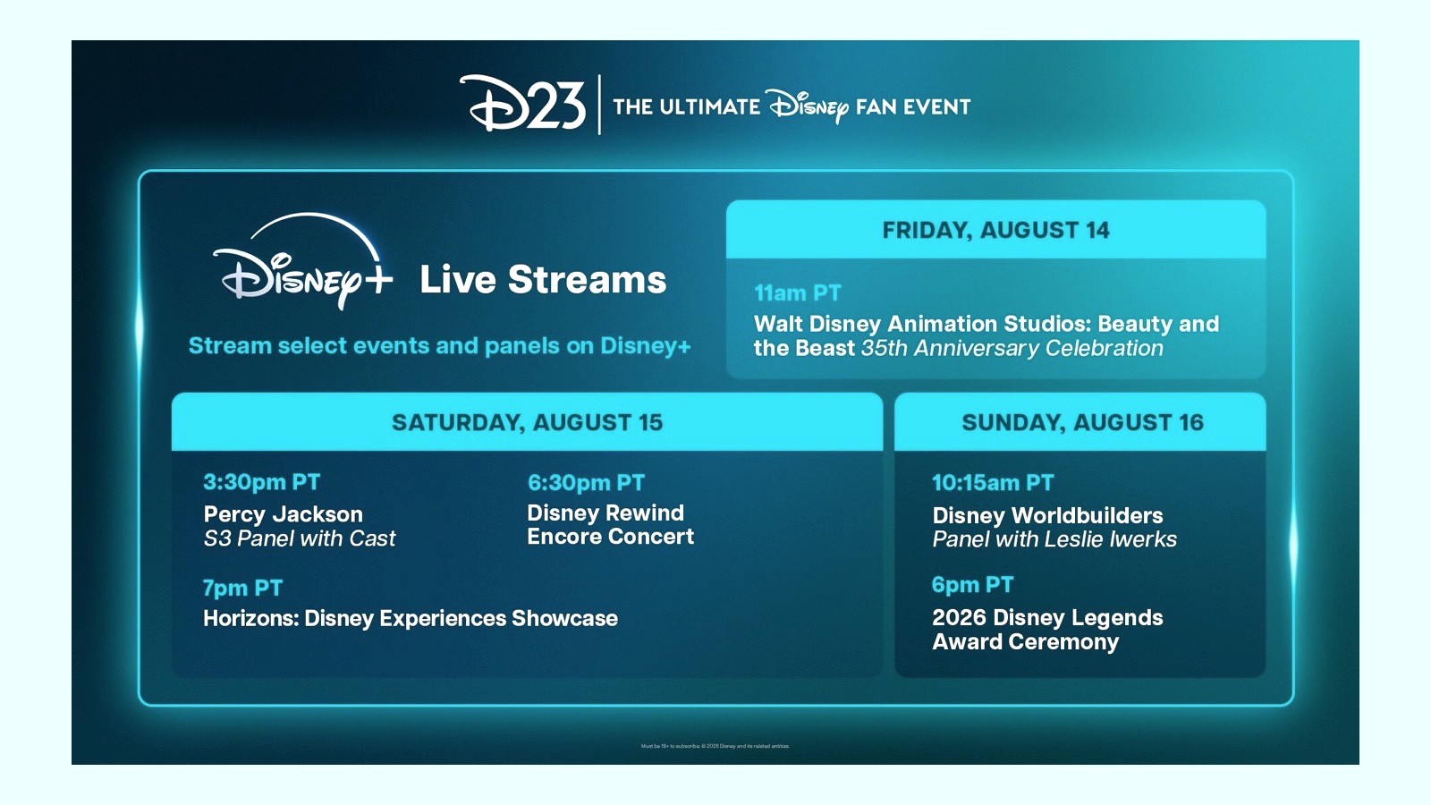 Official Disney+ D23 live stream schedule for August 14 to 16, 2026