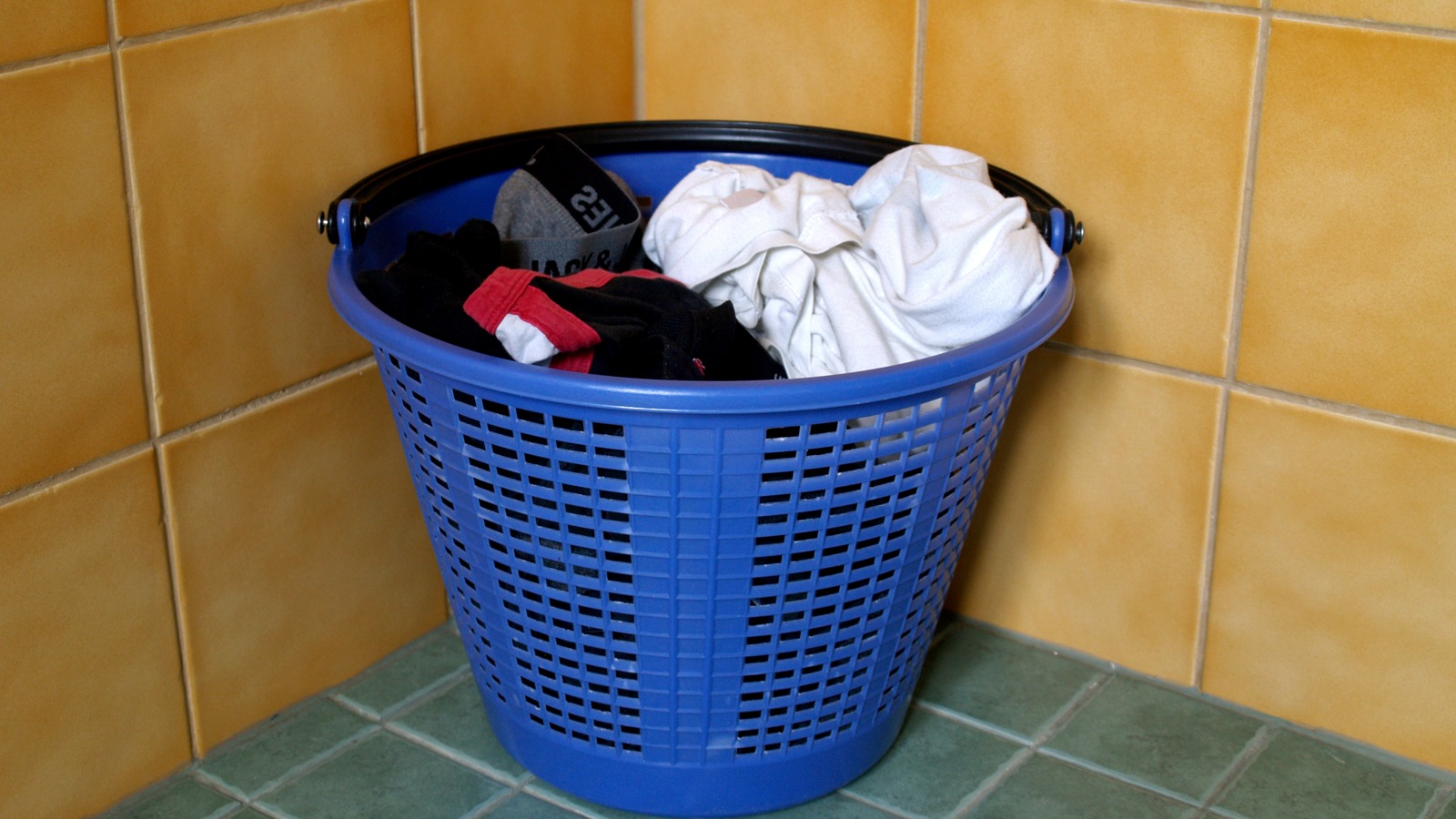 Clothes filling a blue laundry basket, representing Carnival wash-and-fold allowances