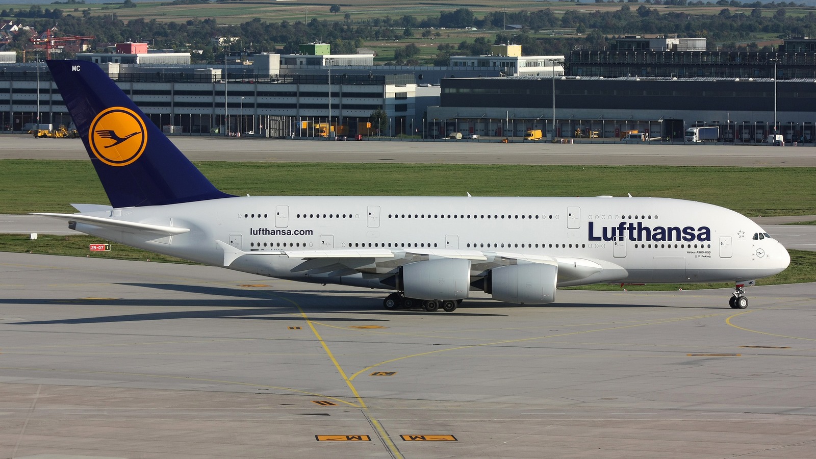 Lufthansa Airbus A380 D-AIMC side view on the ground, showing the double-deck fuselage and Lufthansa livery