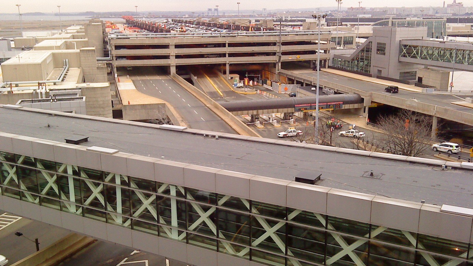 Boston Logan International Airport Terminal B exterior and roadway ramps