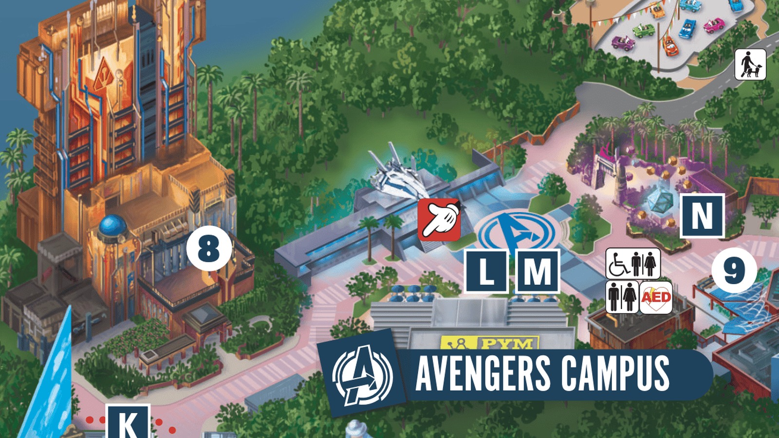 Avengers Campus land exterior at Disney California Adventure with Guardians of the Galaxy branding