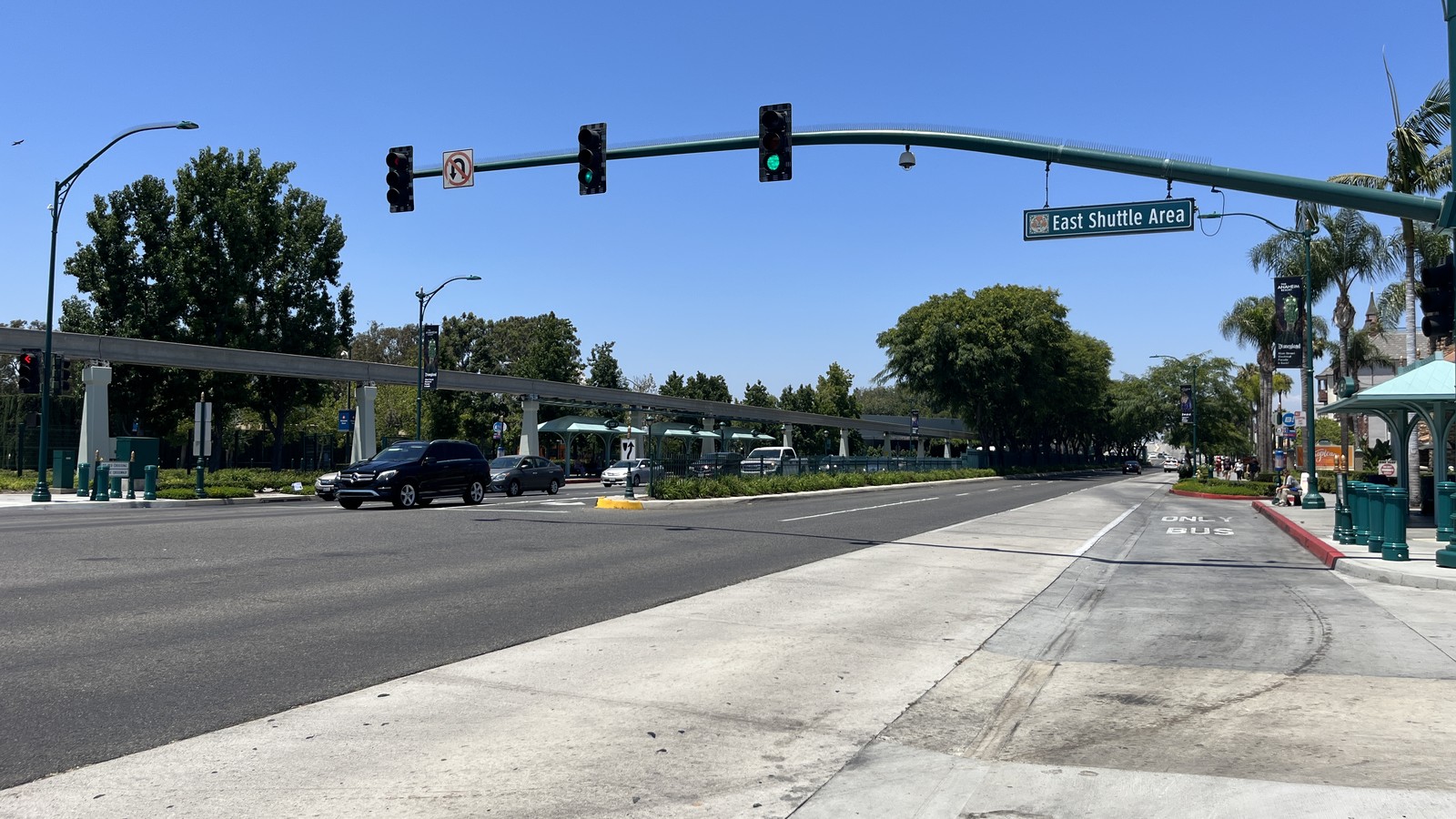 Harbor Boulevard near Disneyland Resort in Anaheim with temporary street construction barriers and traffic cones