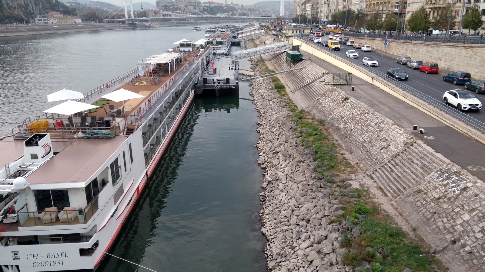 Viking Idun longship docked in Budapest with the ship name visible on the bow