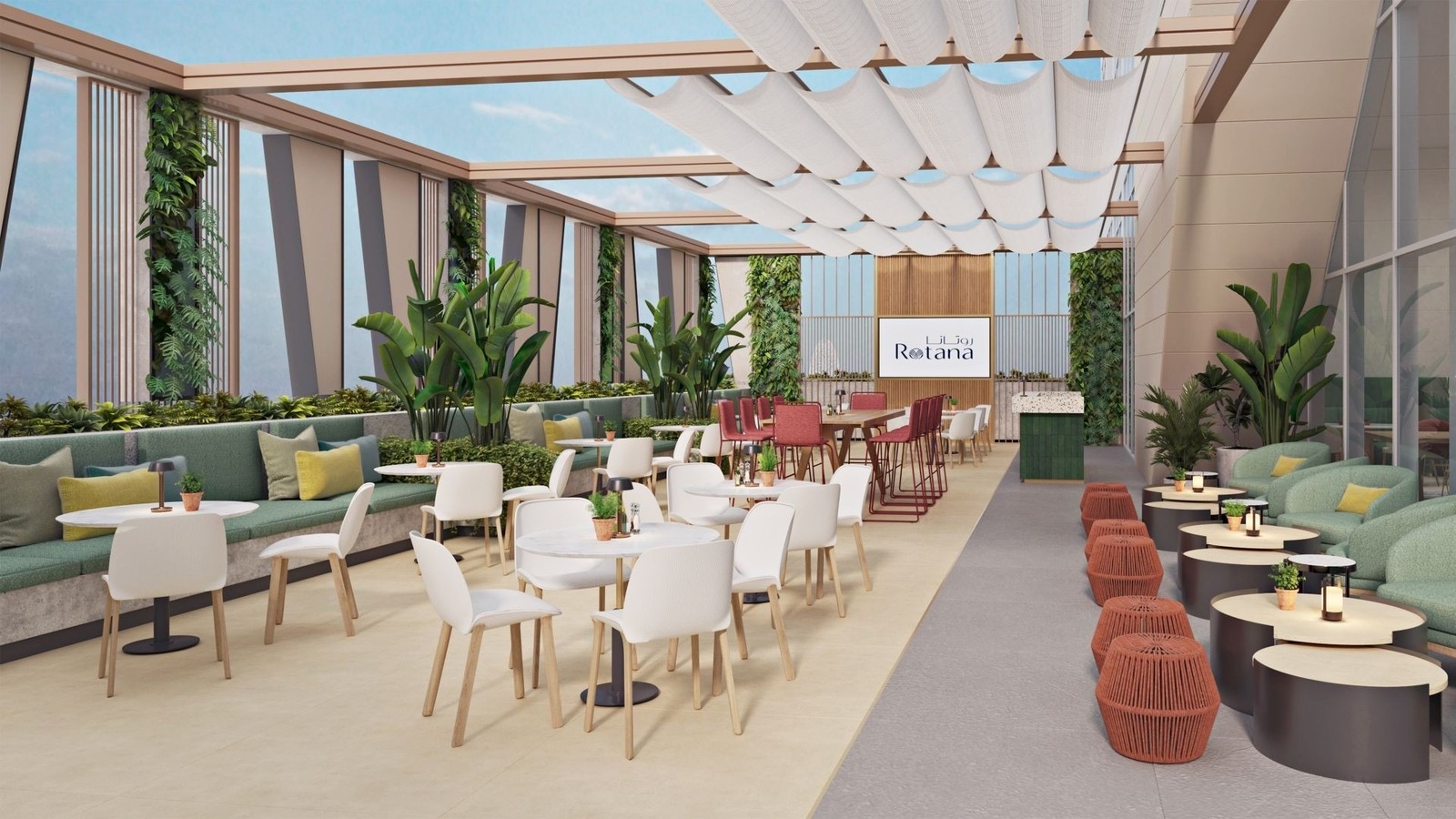 Bloom Arjaan by Rotana outdoor terrace dining with Rotana branding on Saadiyat Island Abu Dhabi
