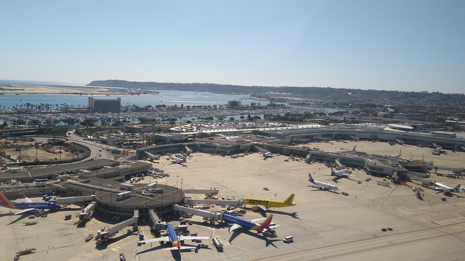 Aerial view of San Diego International Airport runways and terminals