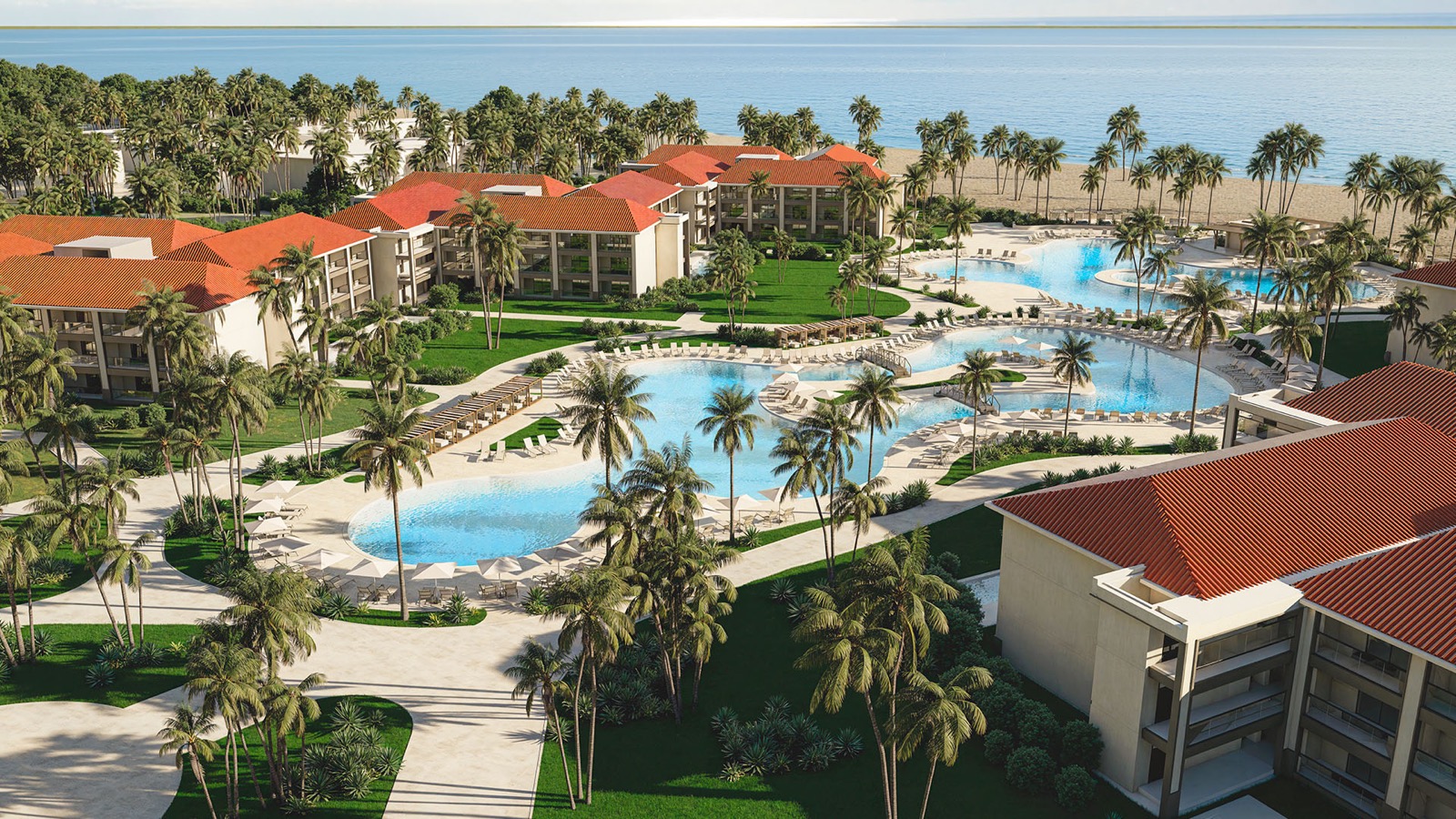 Rendering of Hyatt Vivid Punta Cana pools, resort buildings, palm trees, and beach