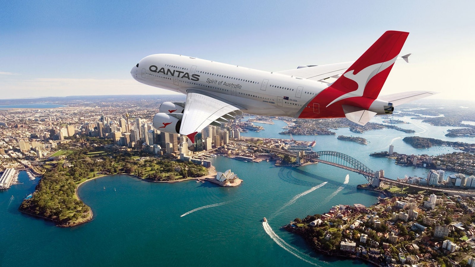 Qantas Airbus A380 flying over Sydney Harbour as the airline plans retirement from 2028