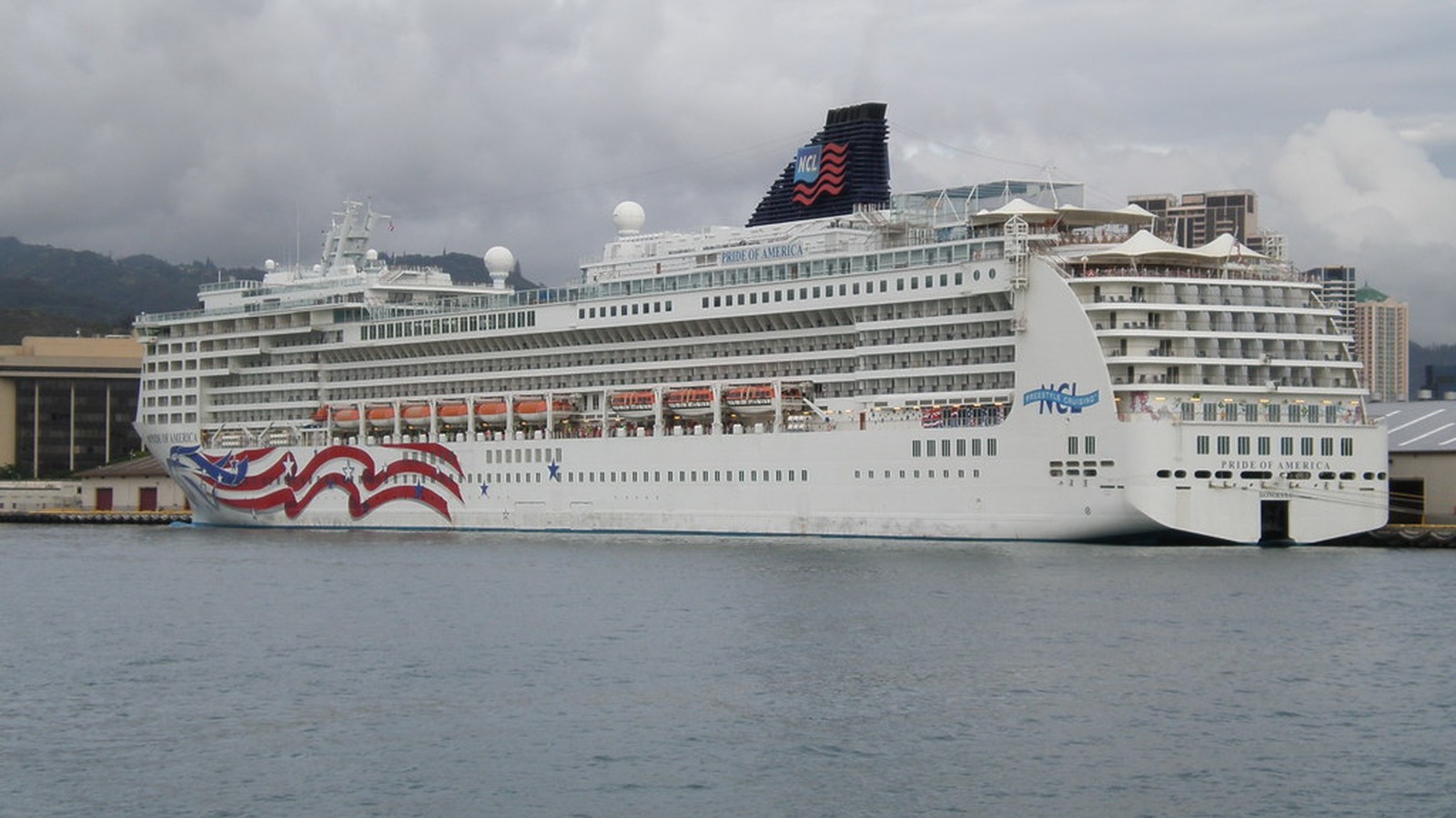 Norwegian Cruise Line Pride of America in Honolulu harbor in daylight