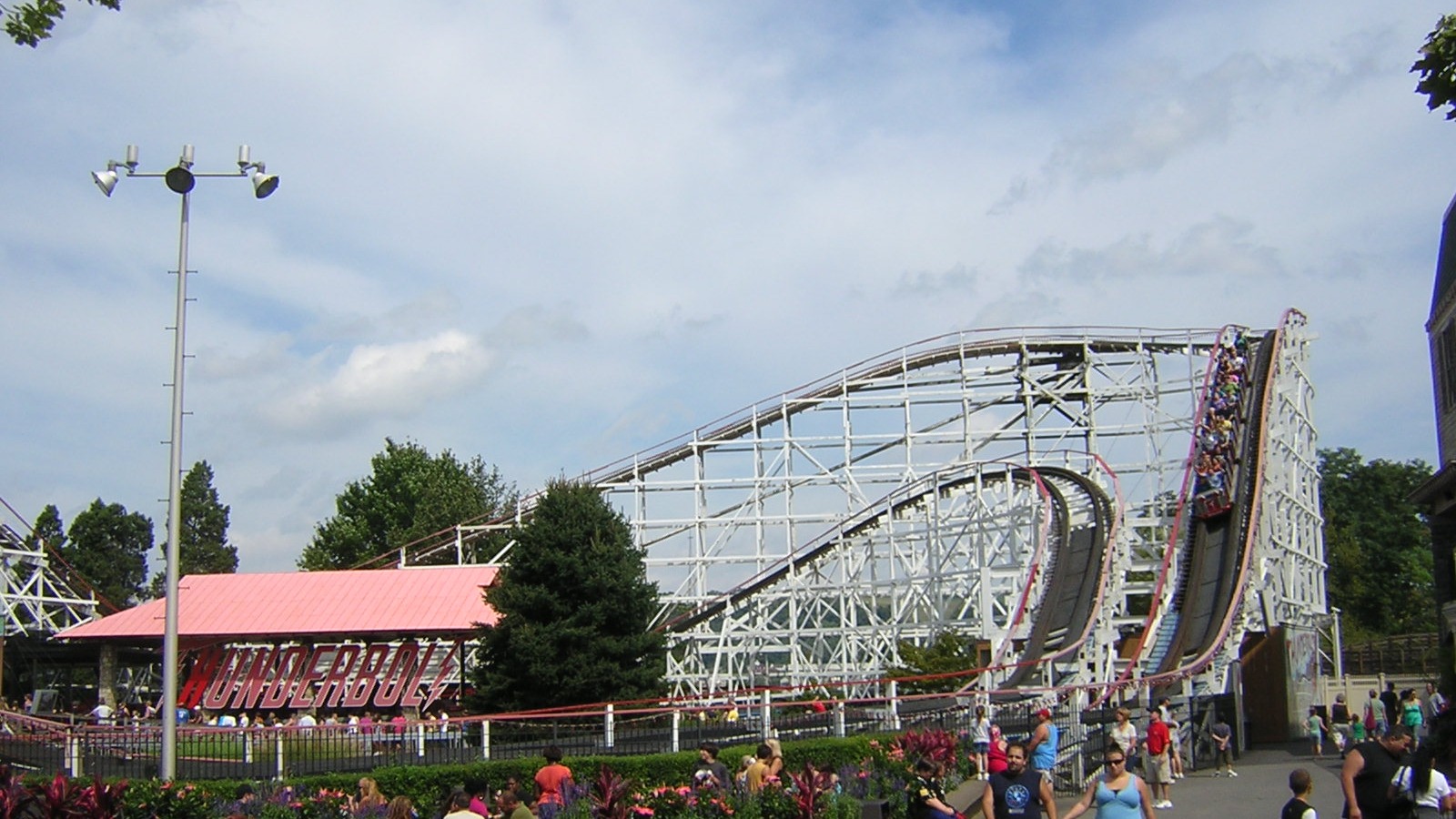 Thunderbolt wooden roller coaster and Thunderbolt sign at Kennywood in West Mifflin