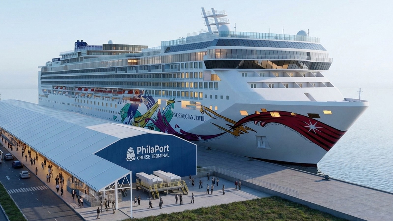 Norwegian Jewel docked beside the PhilaPort Cruise Terminal facade in Philadelphia