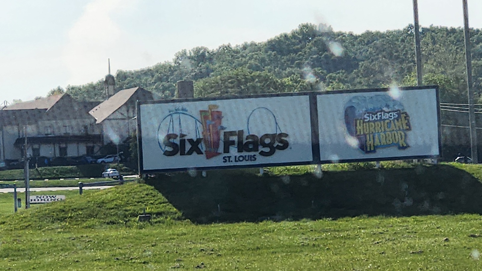 Six Flags St. Louis and Hurricane Harbor roadside entrance signs in Eureka Missouri