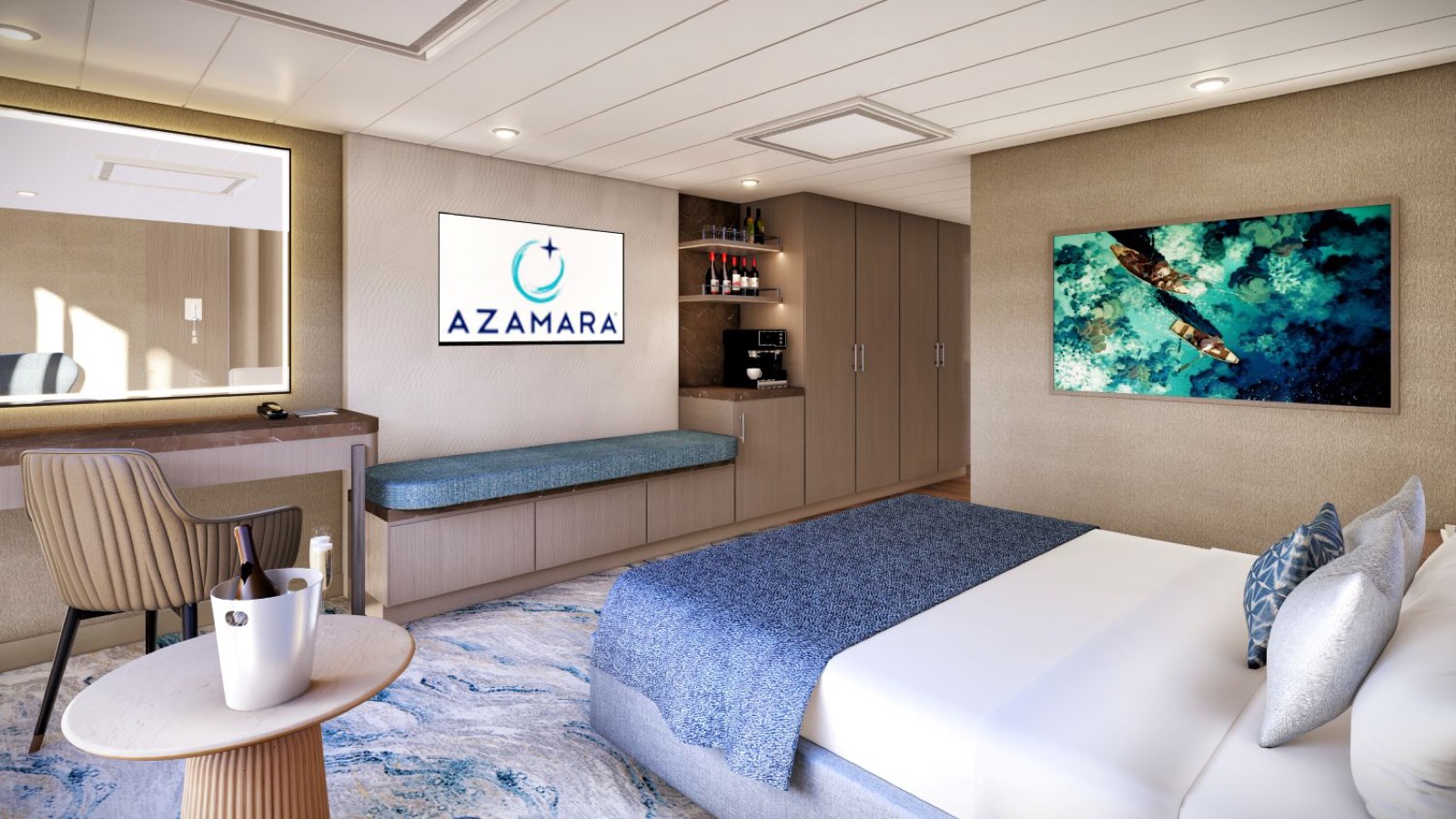 Grandview Suite seating area with floor-to-ceiling windows on Azamara Quest