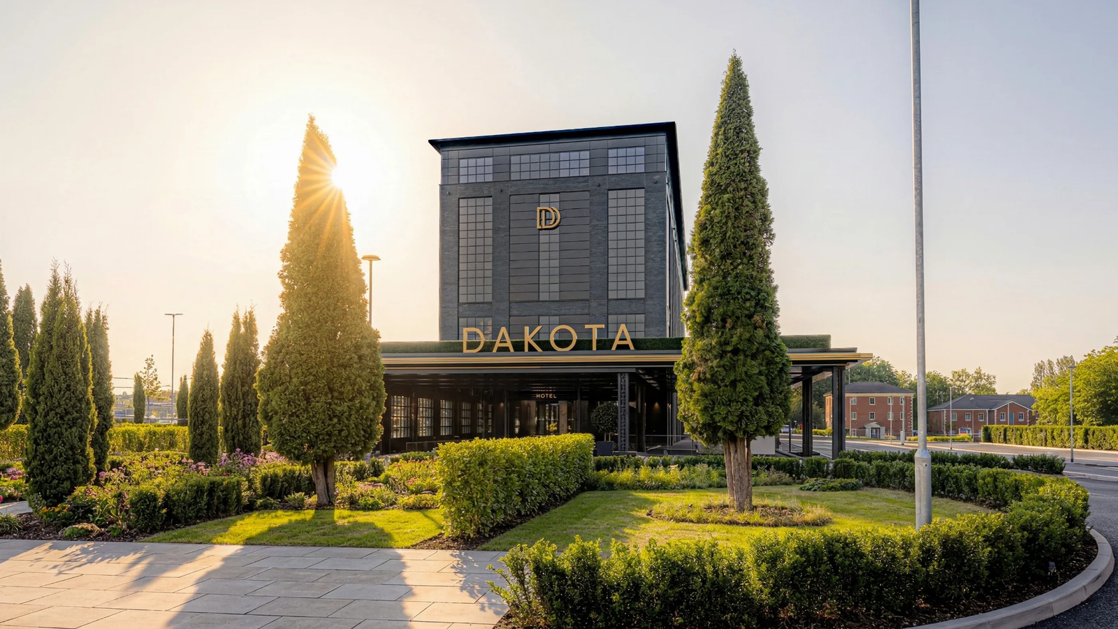 Exterior of Dakota Manchester Airport hotel building with entrance canopy and landscaping