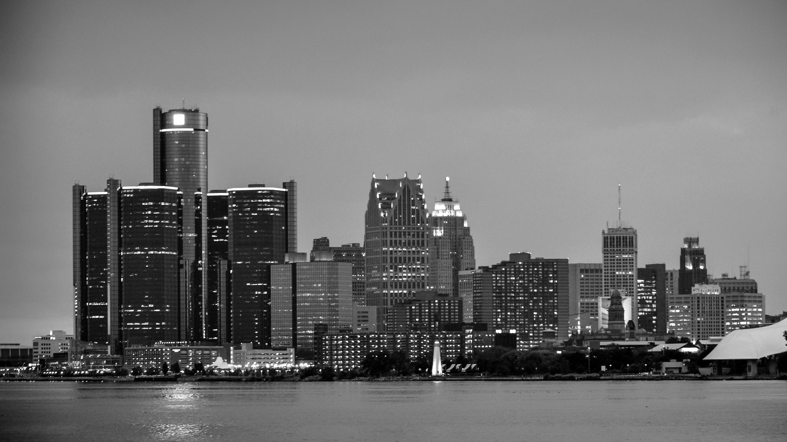 Detroit riverfront skyline along the Detroit River near downtown, the market for JW Marriott Detroit Water Square