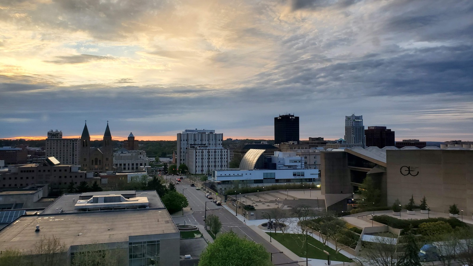 Downtown Akron skyline in the evening