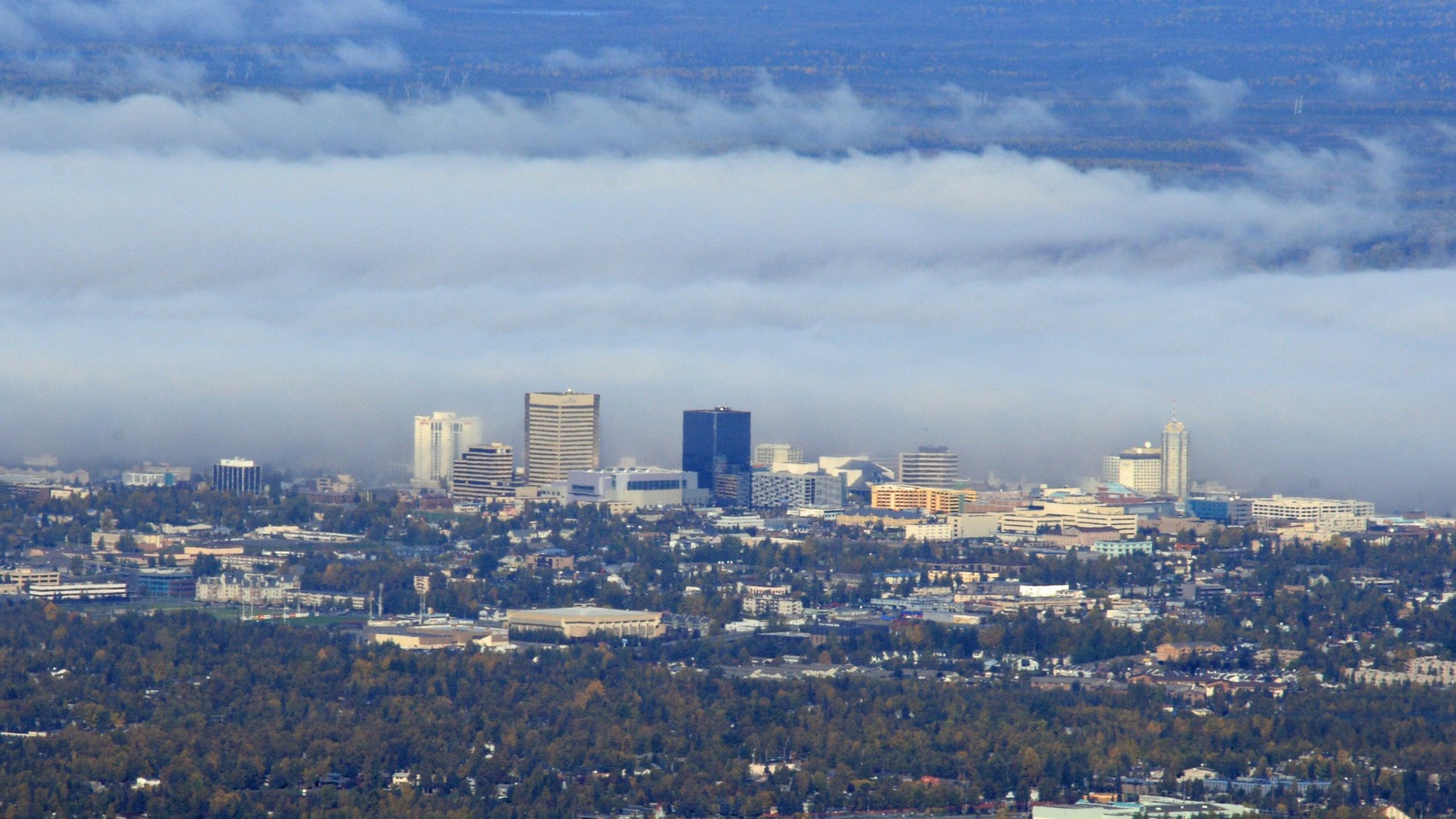 Downtown Anchorage and Cook Inlet below the Chugach foothills