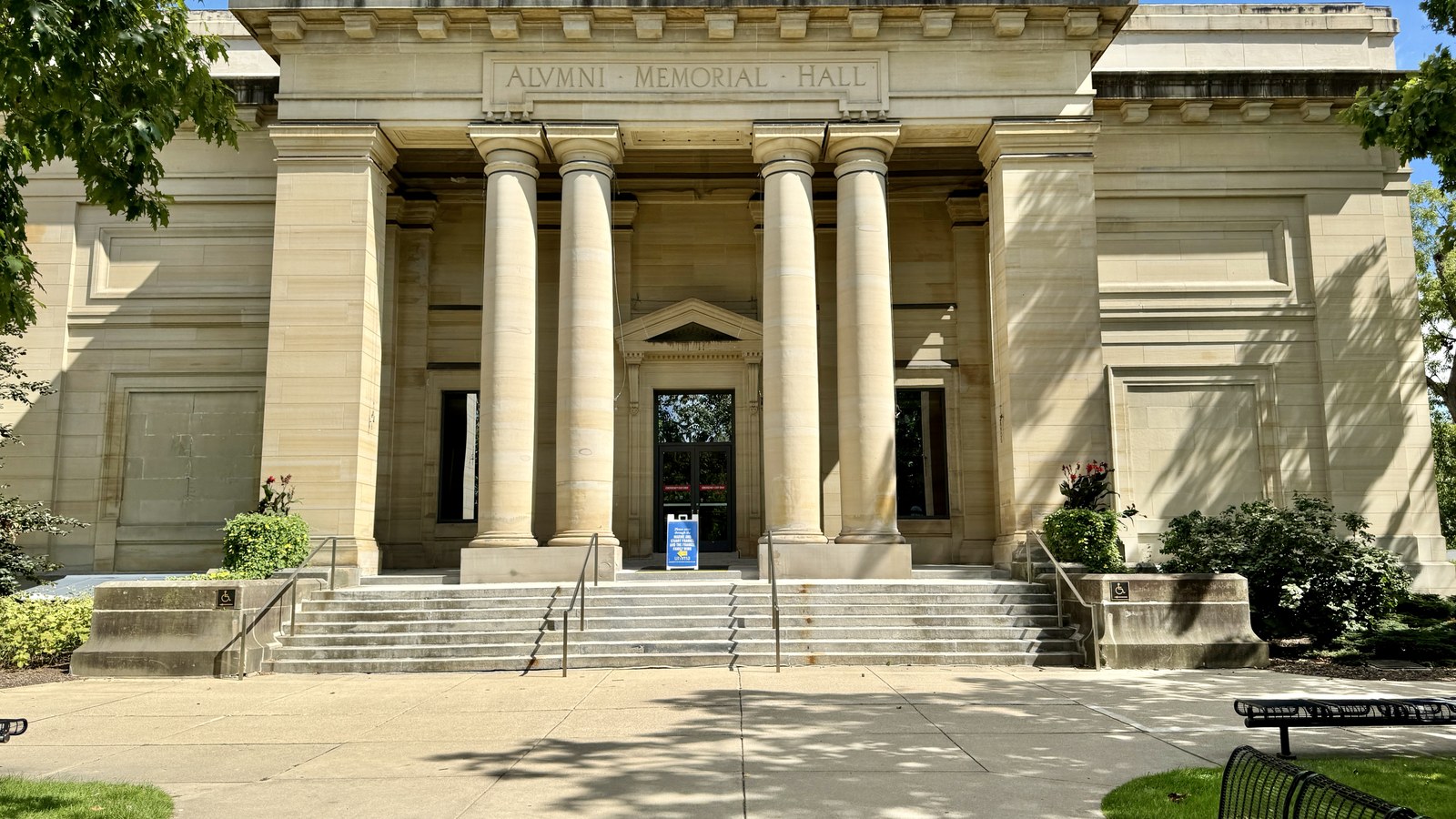 The sandstone columns and steps of Alumni Memorial Hall on State Street, which houses the University of Michigan Museum of Art