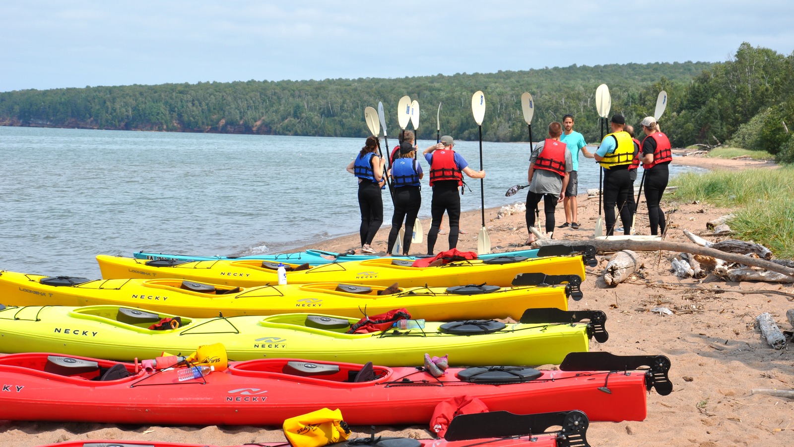 Sea kayaks and safety briefing at Apostle Islands National Lakeshore