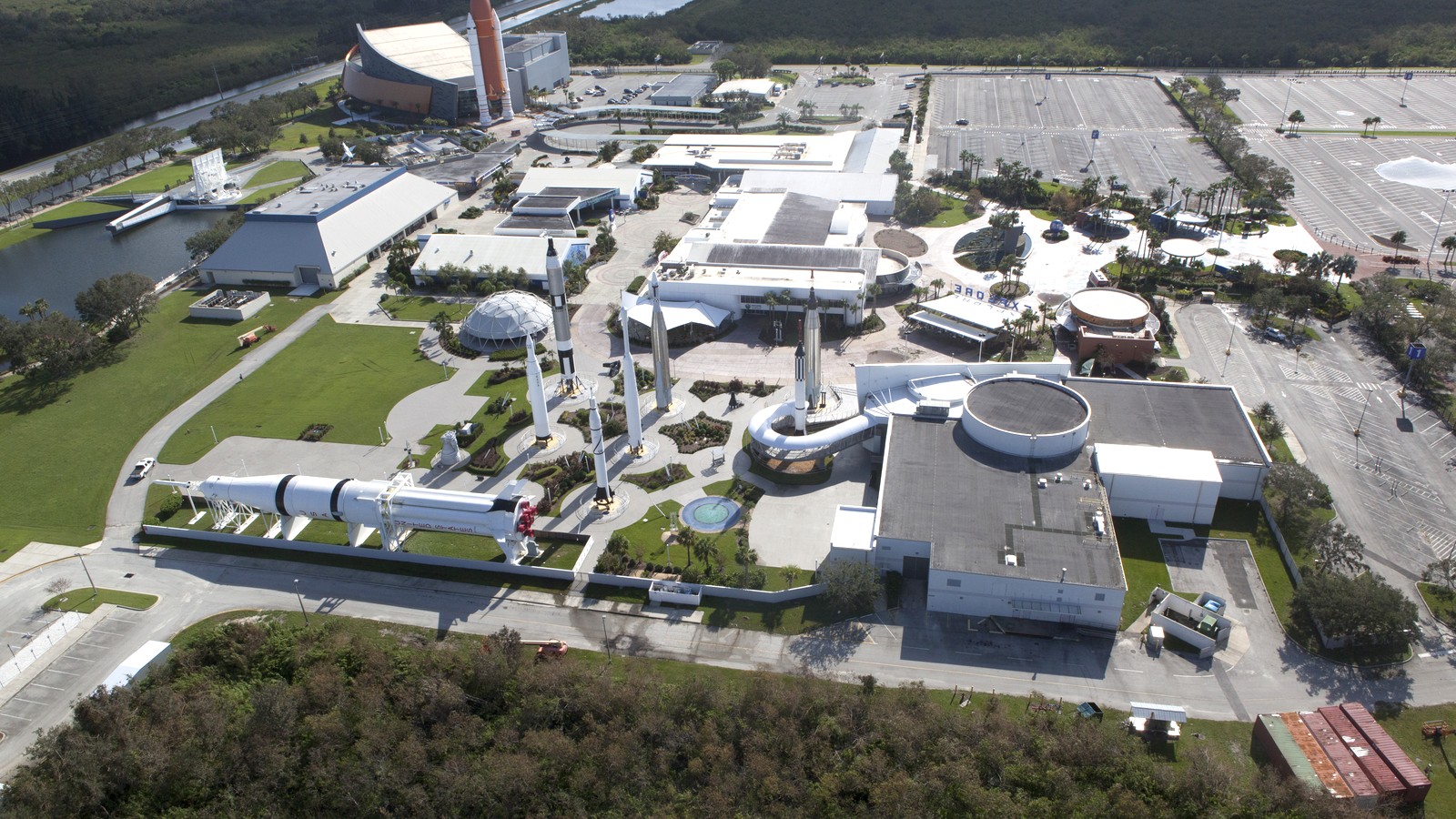 Entrance and exhibits at Kennedy Space Center Visitor Complex