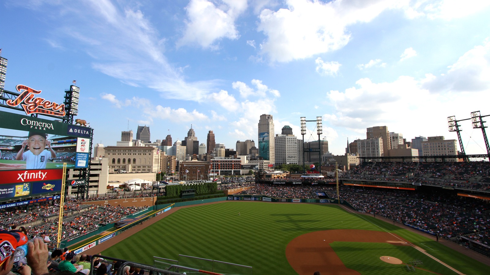 Comerica Park with the Detroit skyline