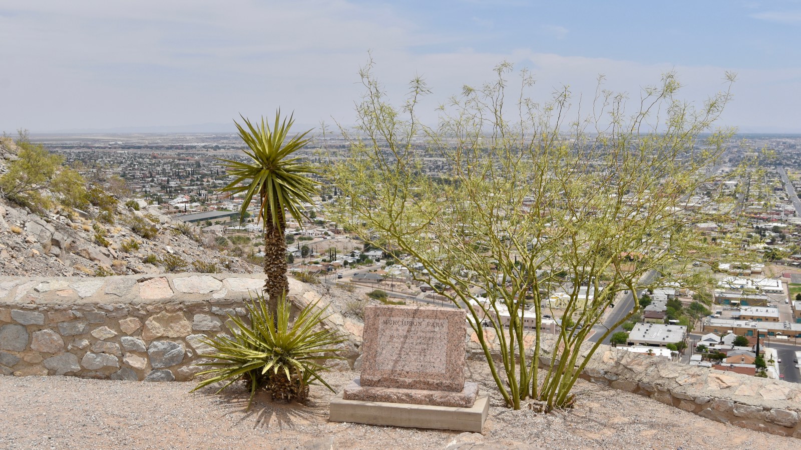 A stone wall, yucca and desert shrubs at the Scenic Drive overlook in El Paso, with the city spread across the basin below