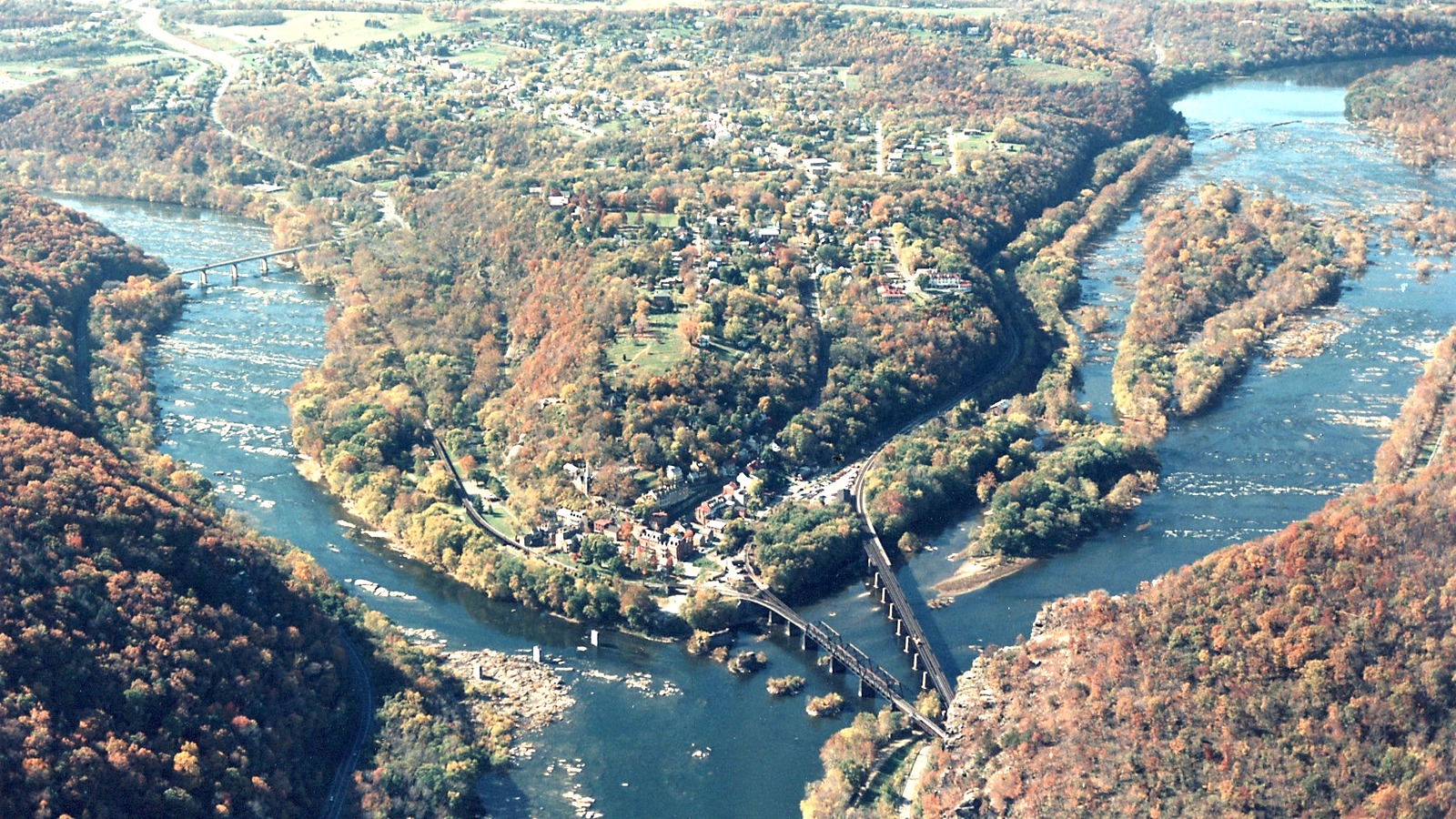 Aerial view of The Point and the Potomac and Shenandoah confluence at Harpers Ferry