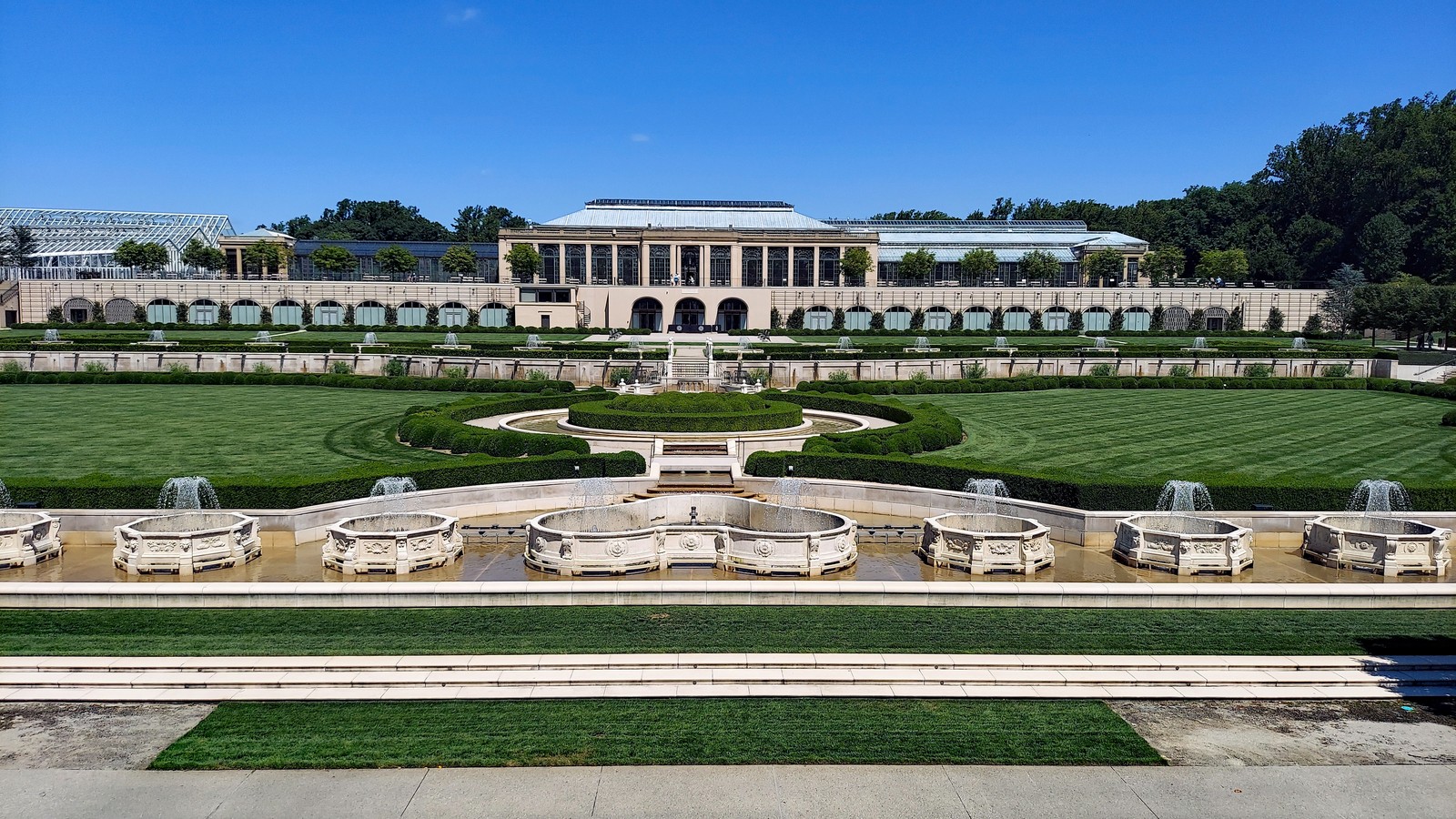 Longwood Gardens conservatory and surrounding formal gardens
