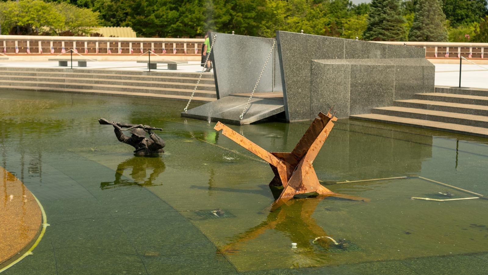 Normandy landing sculpture and reflecting pool at the National D-Day Memorial in Bedford