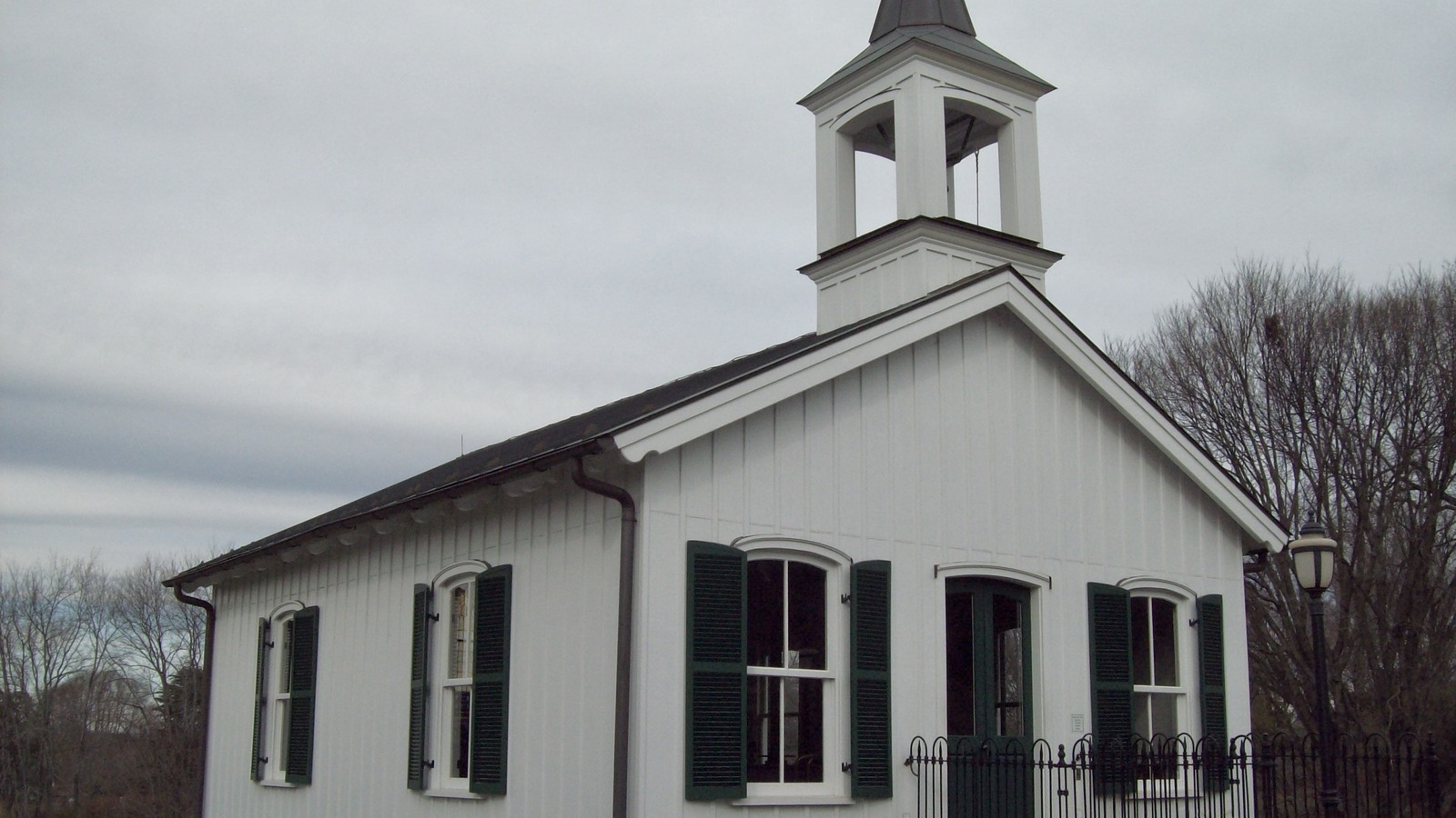 White chapel and columbarium at Old City Cemetery in Lynchburg