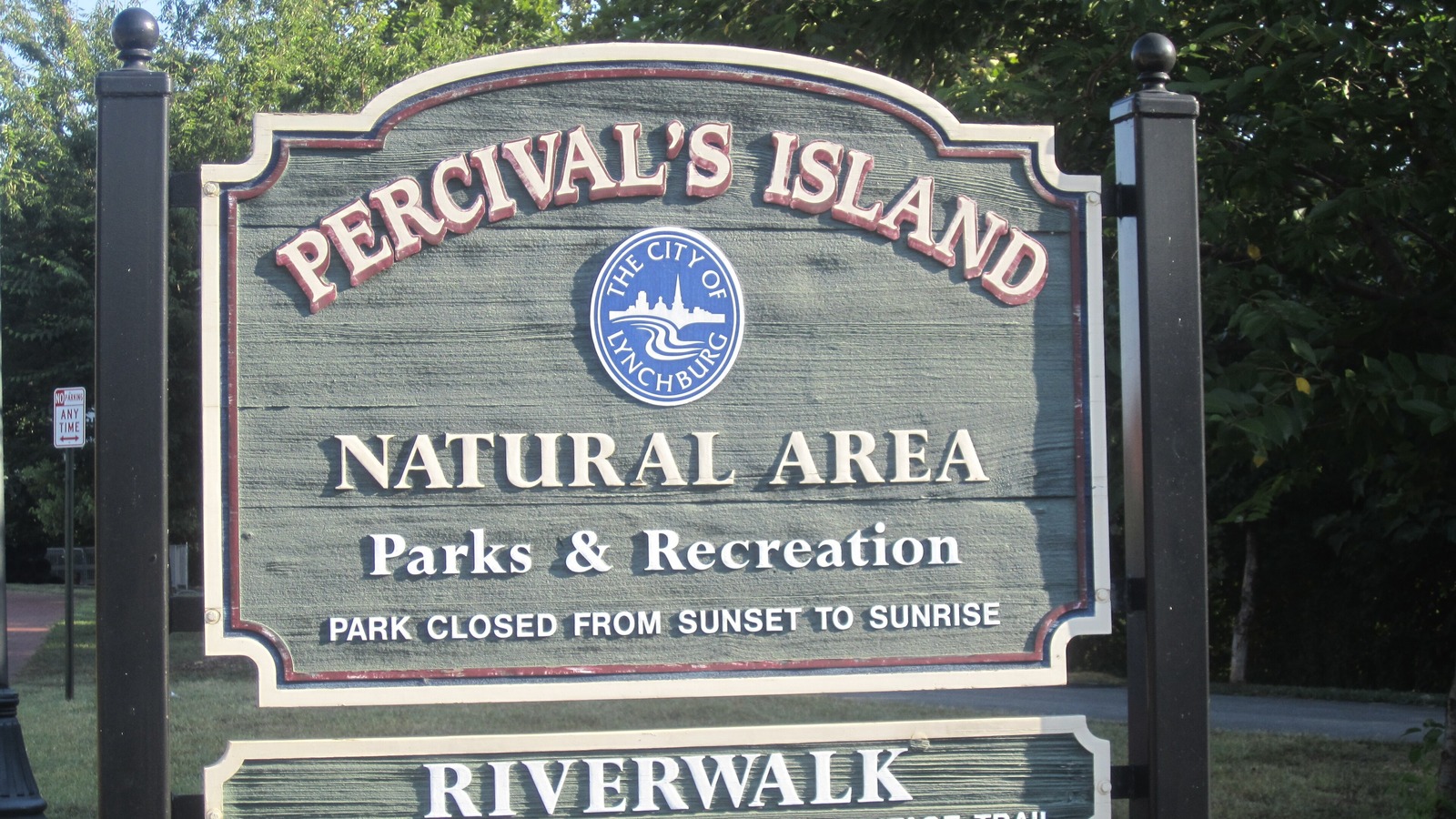 Percival's Island Natural Area and RiverWalk Trail entrance sign in Lynchburg