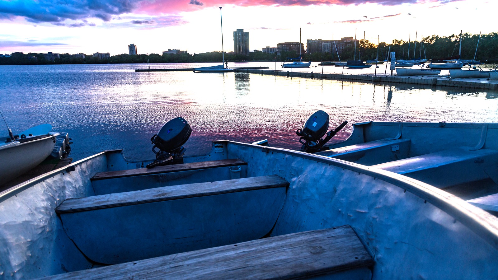Boats and sunset at Bde Maka Ska in Minneapolis