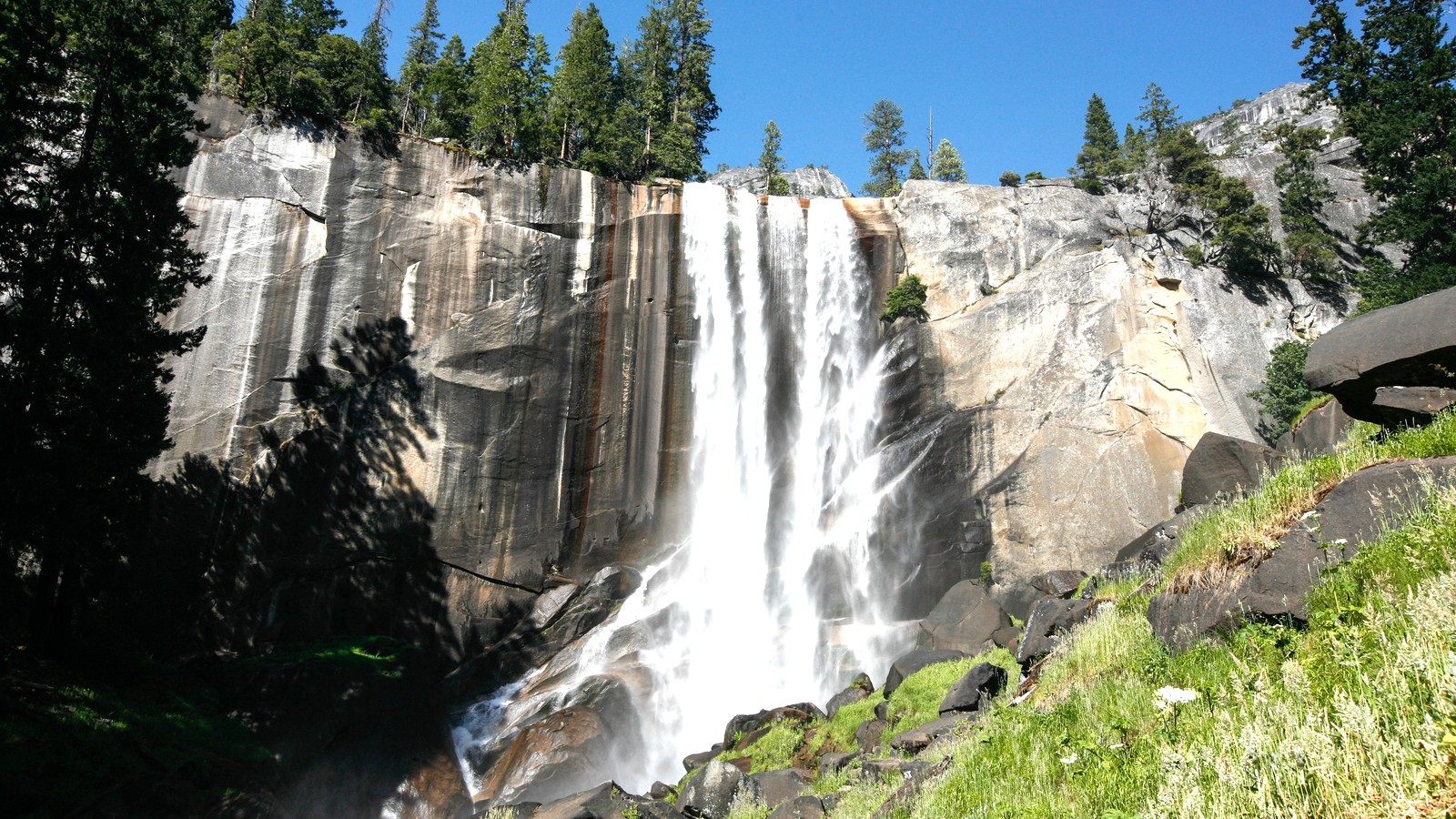 Vernal Fall rising beside the Mist Trail in Yosemite Valley