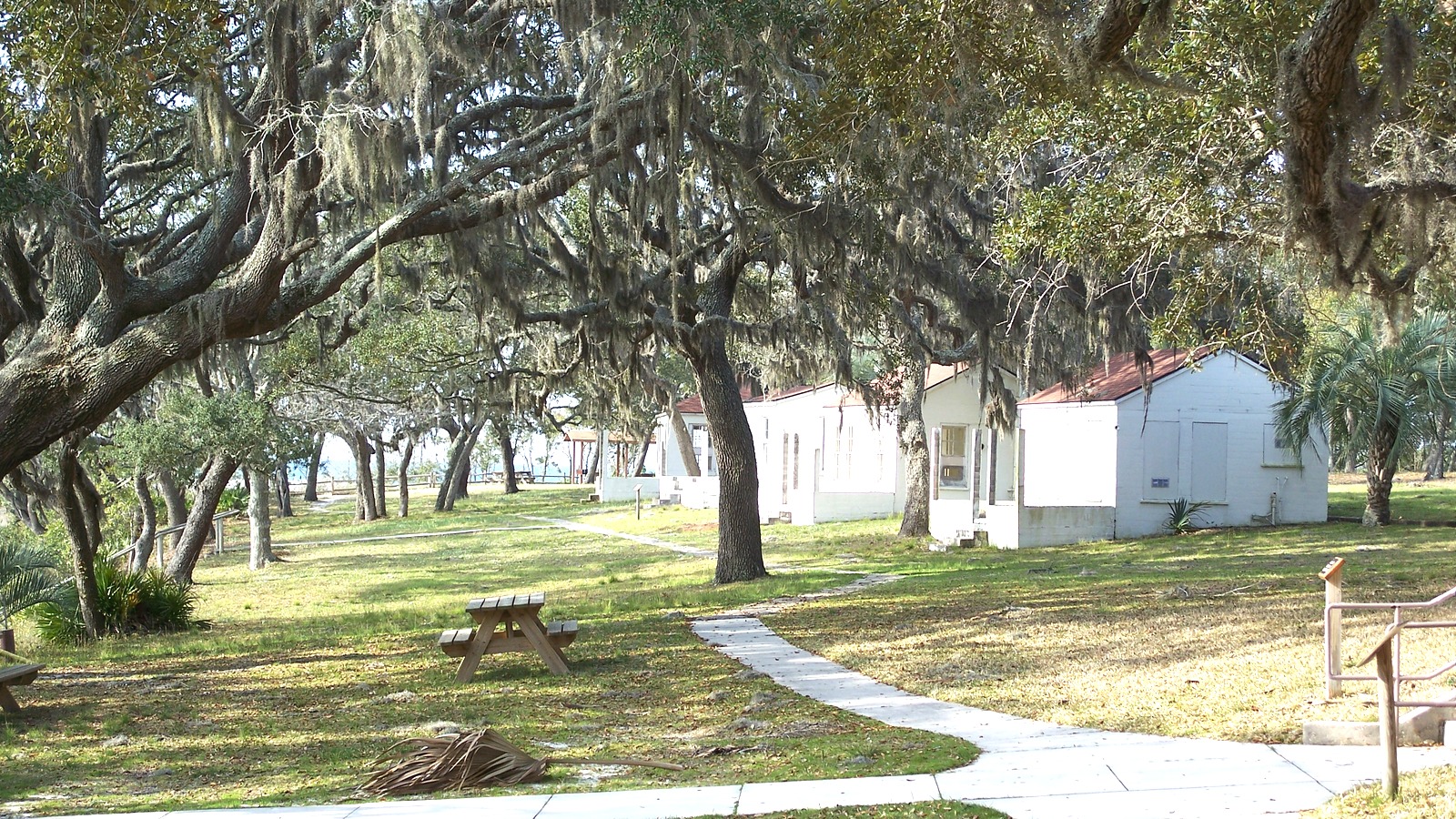 Historic cottages beneath live oaks at Camp Helen State Park