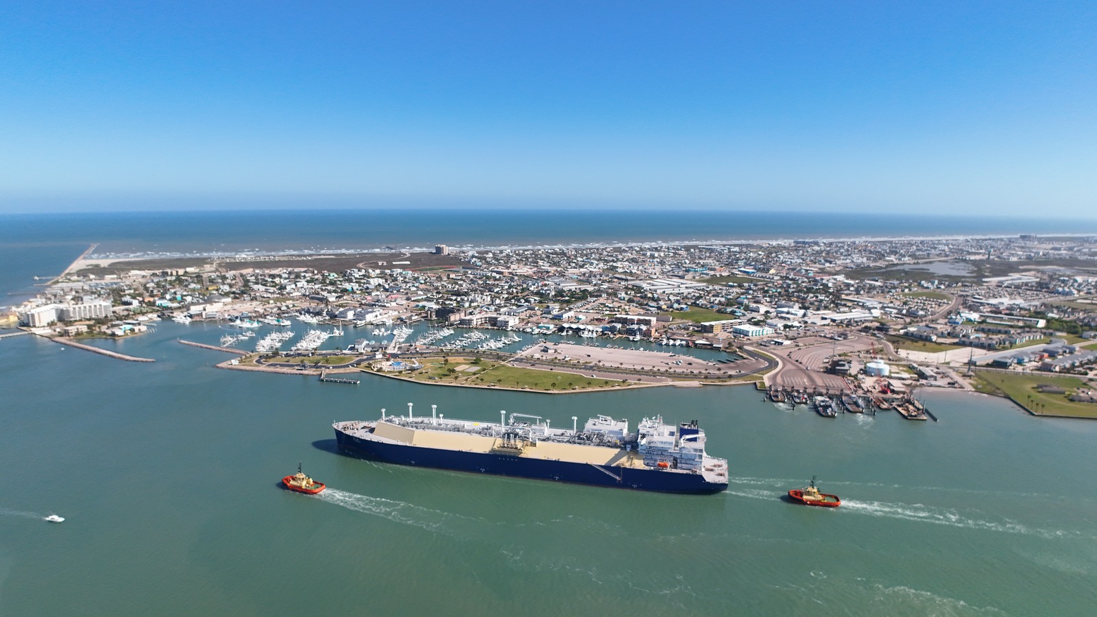 Aerial view of Port Aransas and the ship channel